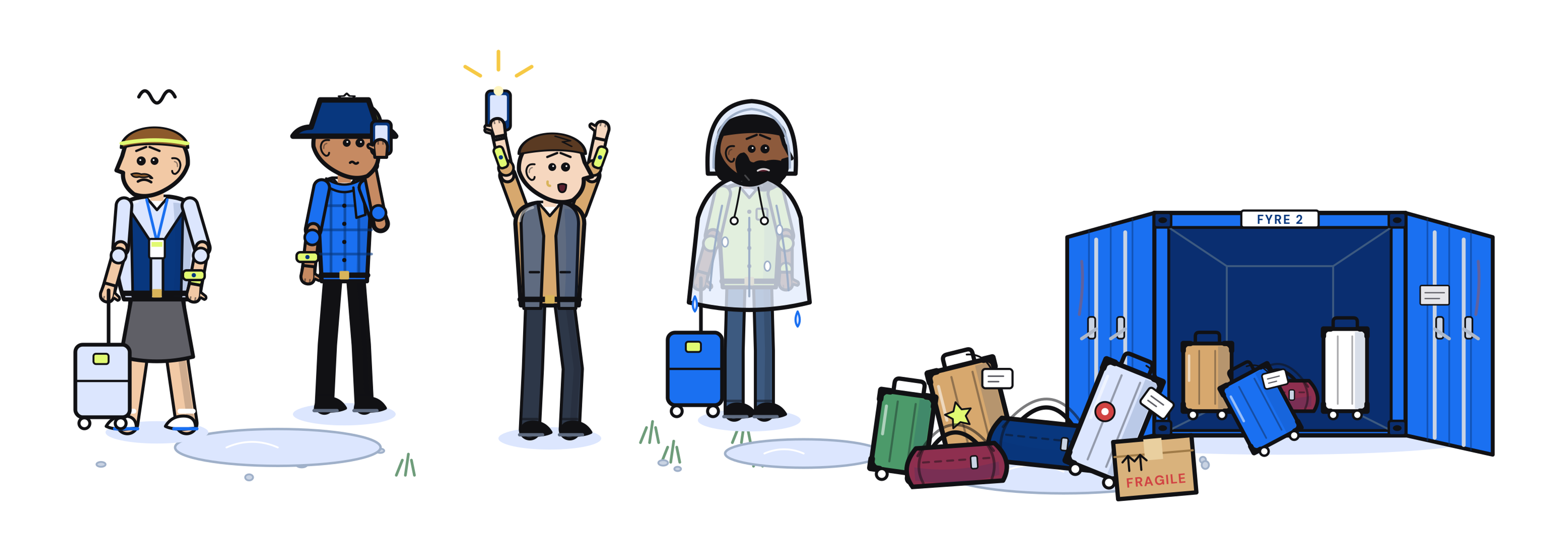 Illustration of festival guests arriving in the rain while their luggage is dumped out of a shipping container