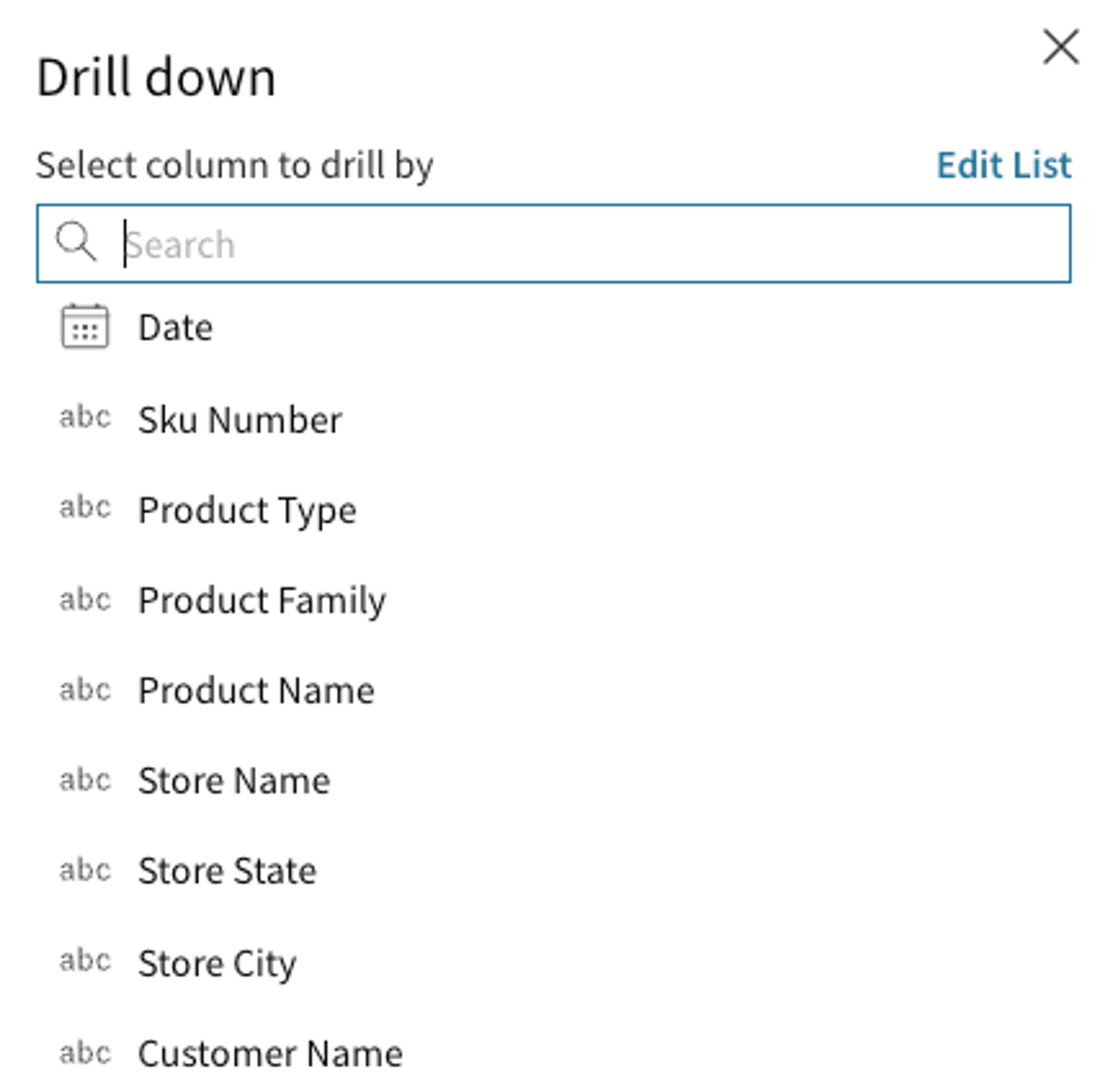 A list of product names and numbers.