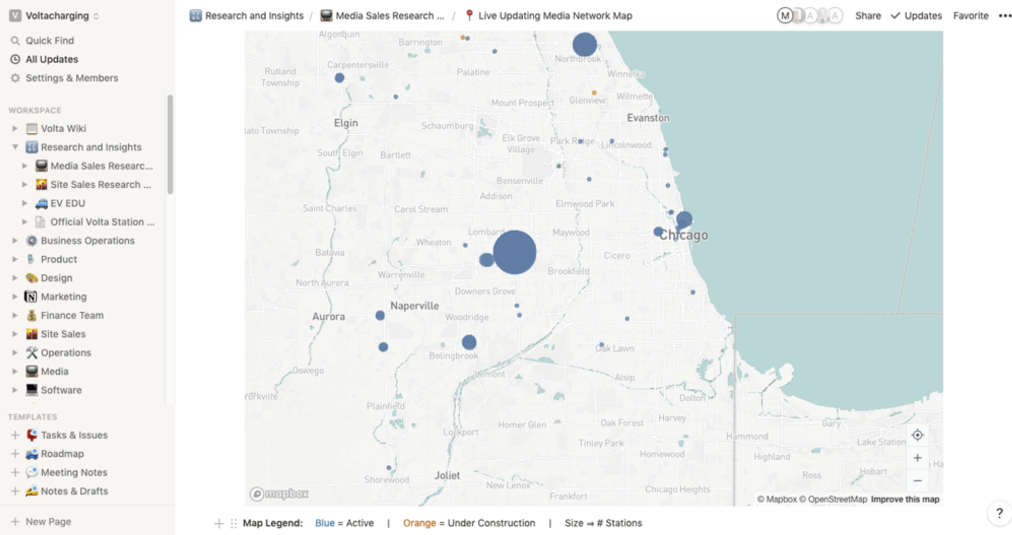 A map of Chicago with blue dots on it.
