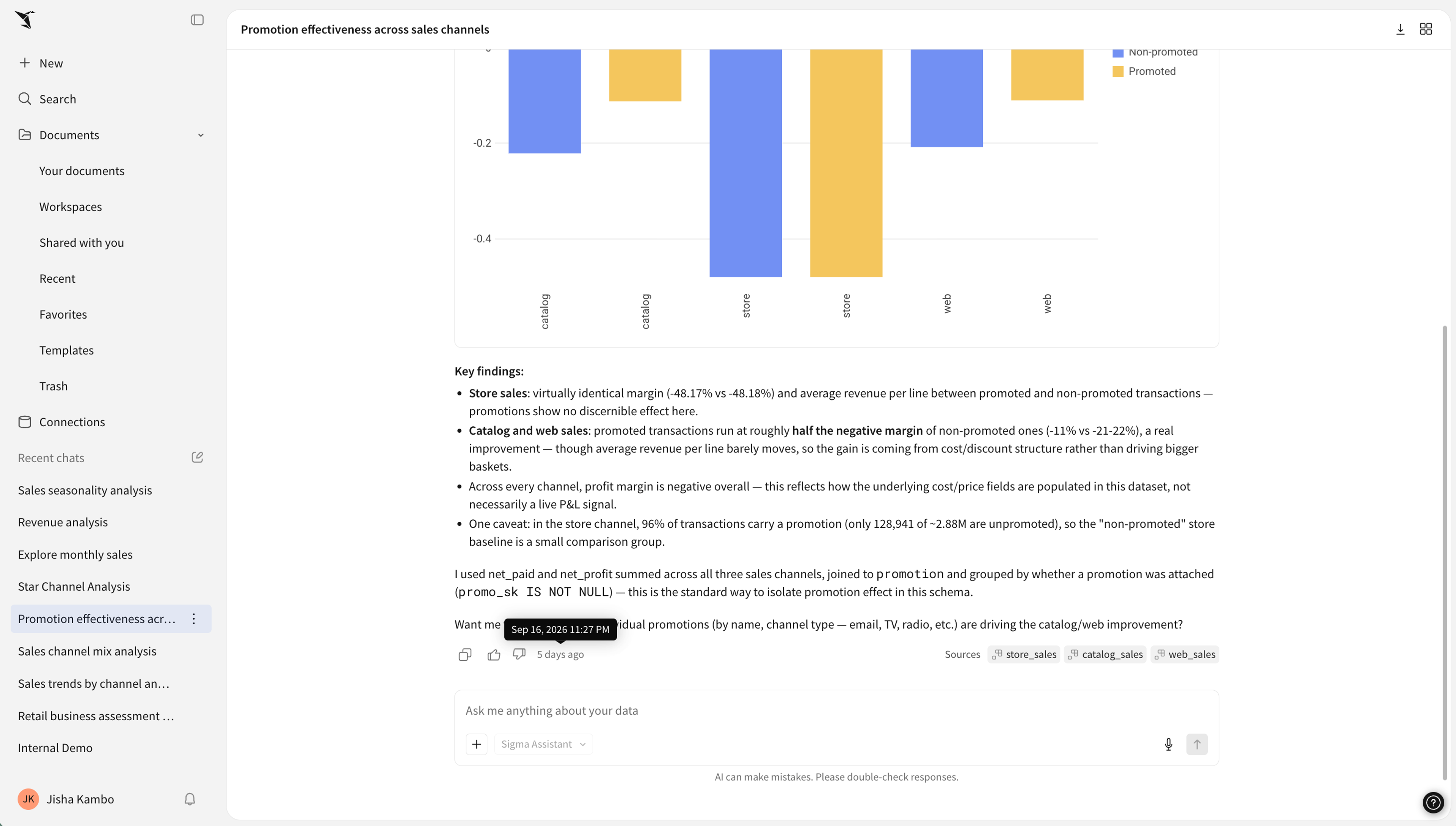 Sigma Assistant conversation on promotion effectiveness with the recent chats list in the left sidebar and source tables listed beneath the answer