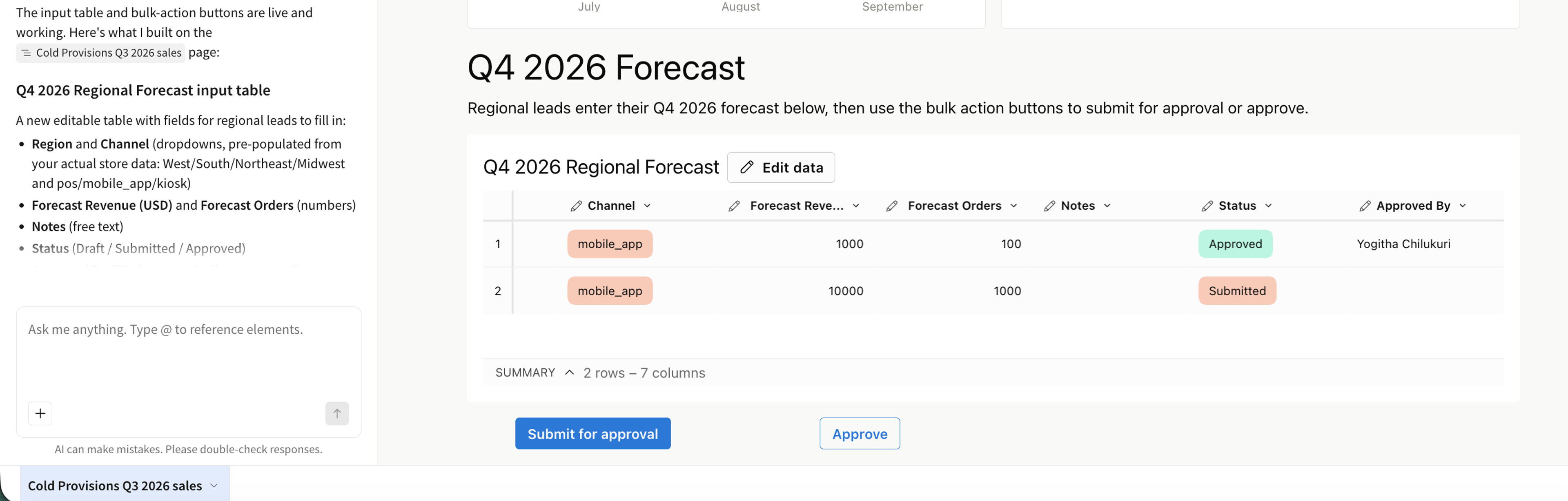 A Q4 2026 Regional Forecast input table in Sigma, with rows showing forecast revenue, orders, status, and approver, plus submit and approve buttons