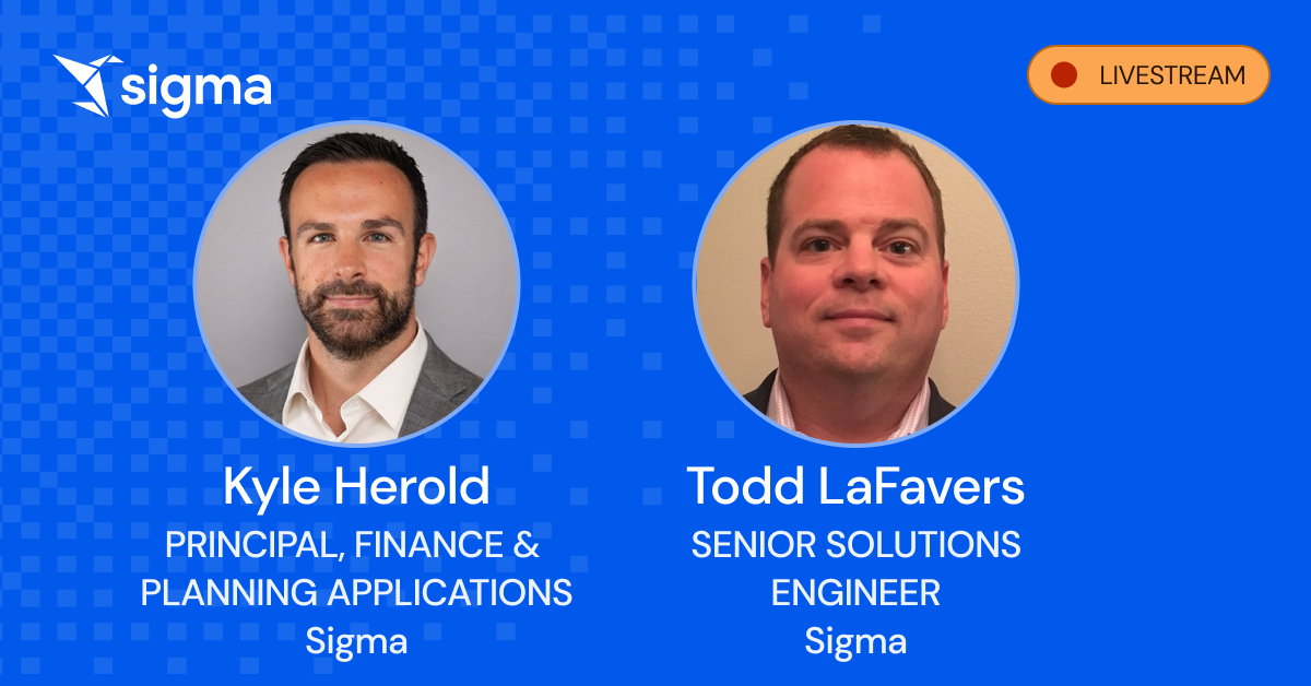 Faces of Kyle Herold and Todd LaFavers on a blue background promoting a livestream on FP&A Automation with AI