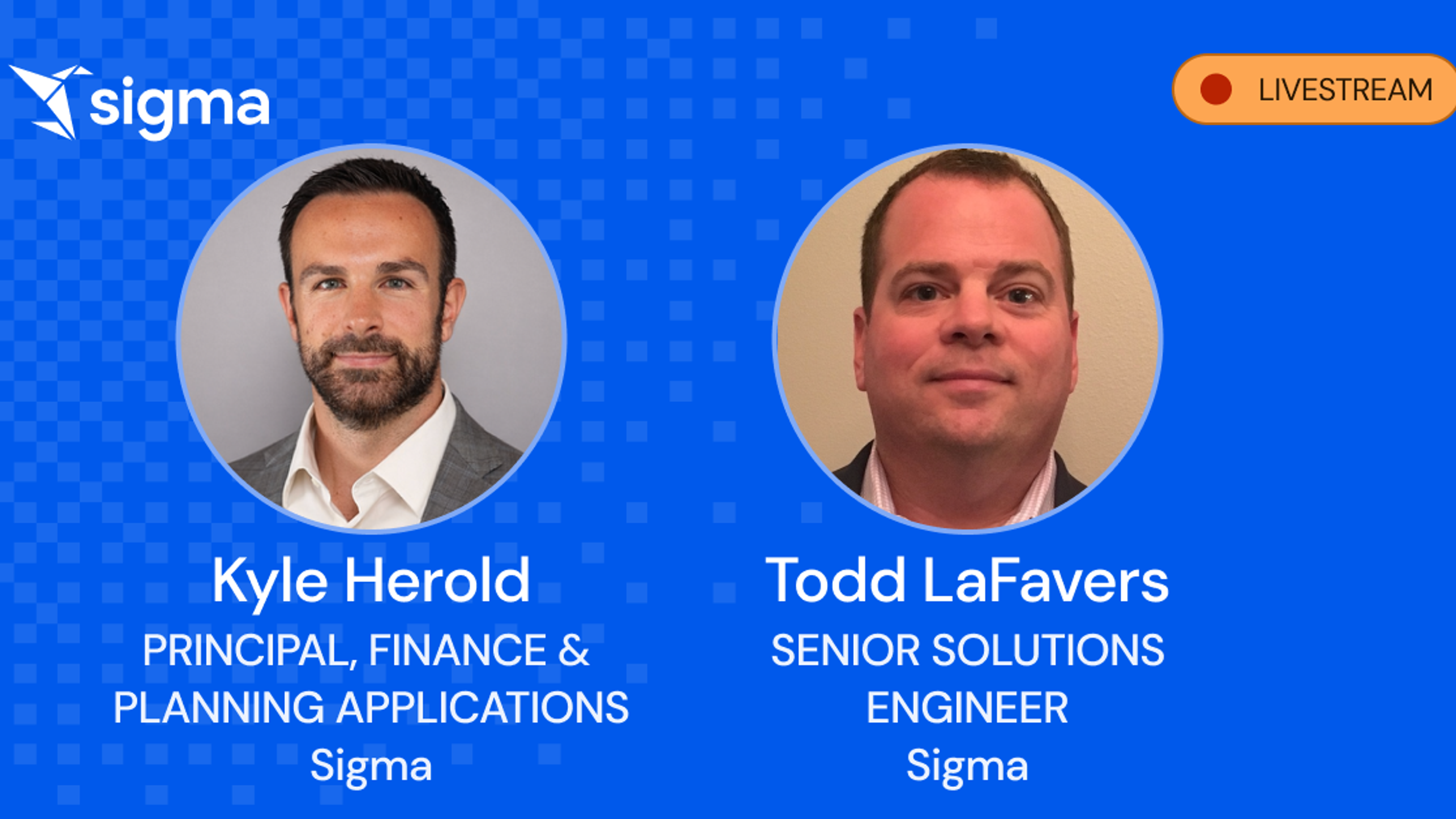 Faces of Kyle Herold and Todd LaFavers on a blue background promoting a livestream on FP&A Automation with AI