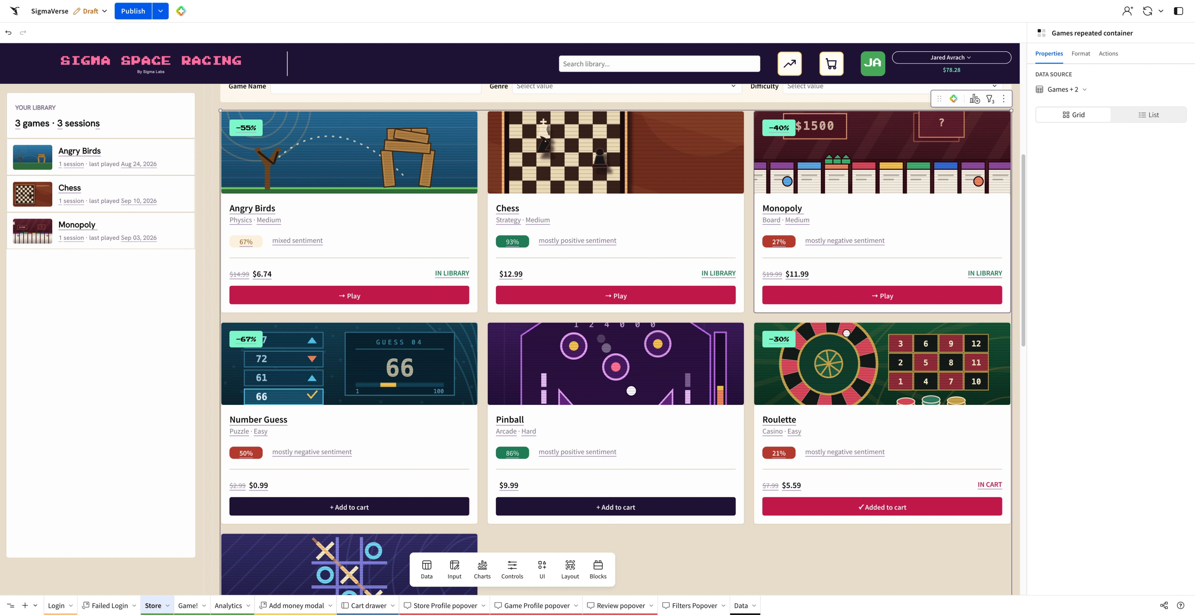 The SigmaVerse storefront in the Sigma editor, showing a repeated container element pulling game data into a grid layout