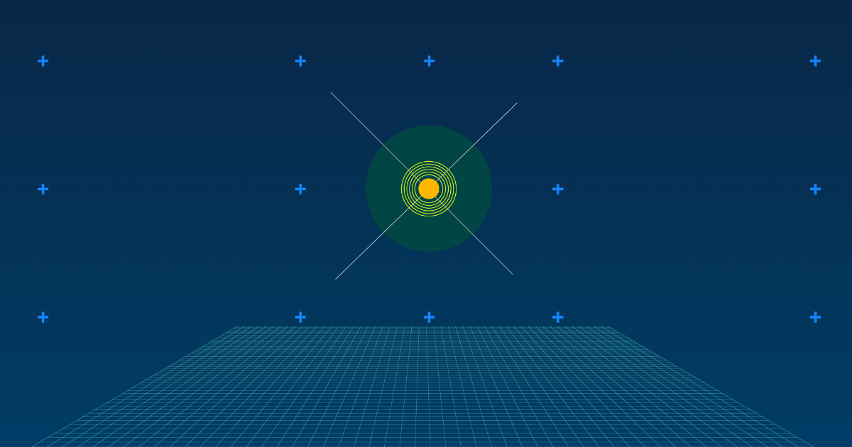 Abstract illustration of a glowing gold node inside concentric rings, floating above a teal perspective grid on a deep navy background