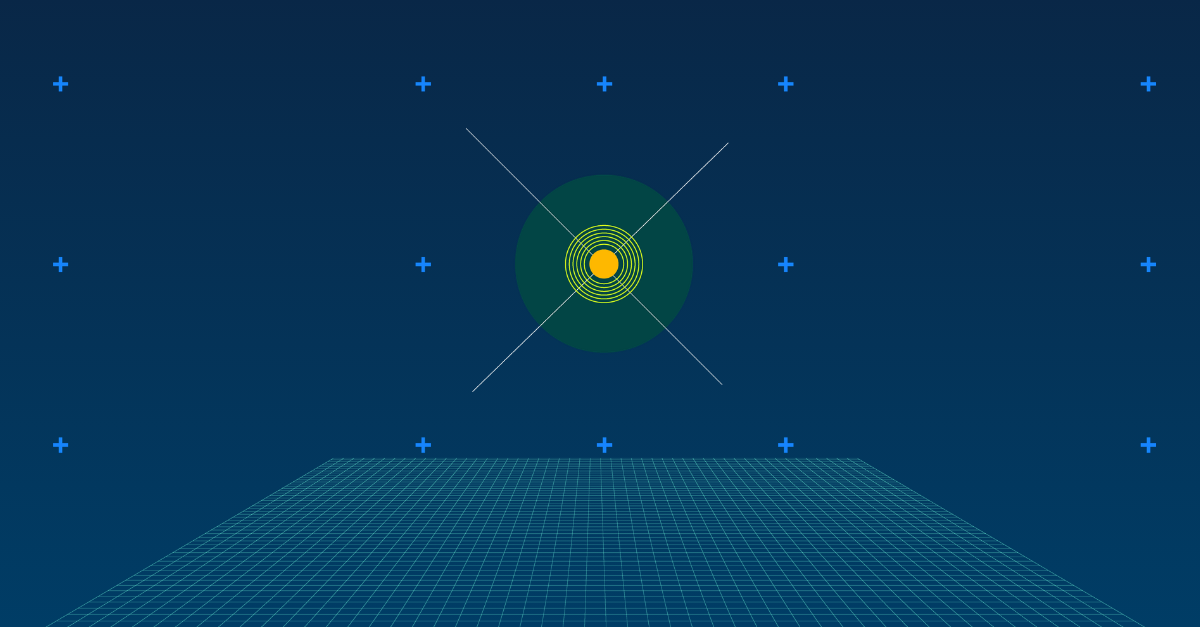 Abstract illustration of a glowing gold node inside concentric rings, floating above a teal perspective grid on a deep navy background