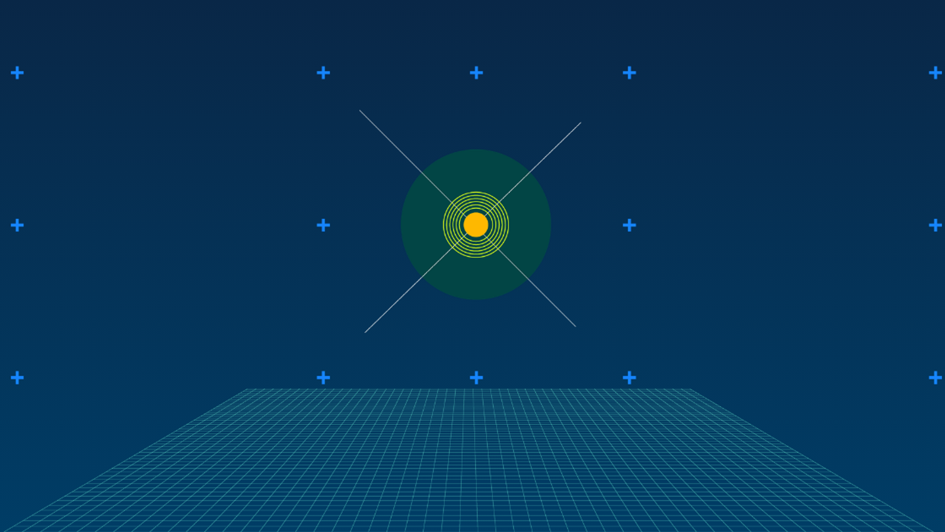 Abstract illustration of a glowing gold node inside concentric rings, floating above a teal perspective grid on a deep navy background