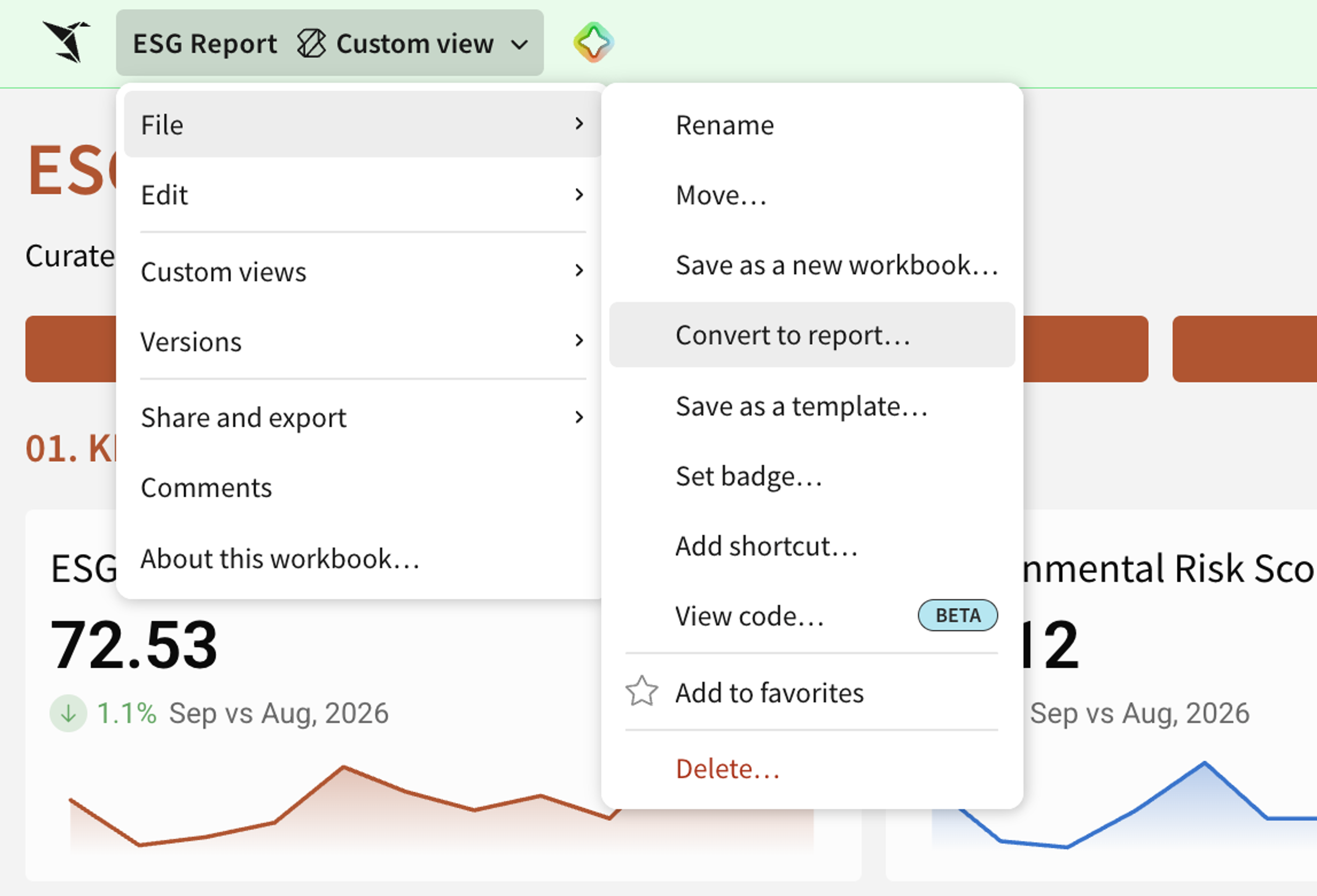 The Sigma File menu open in a workbook with the Convert to report option highlighted