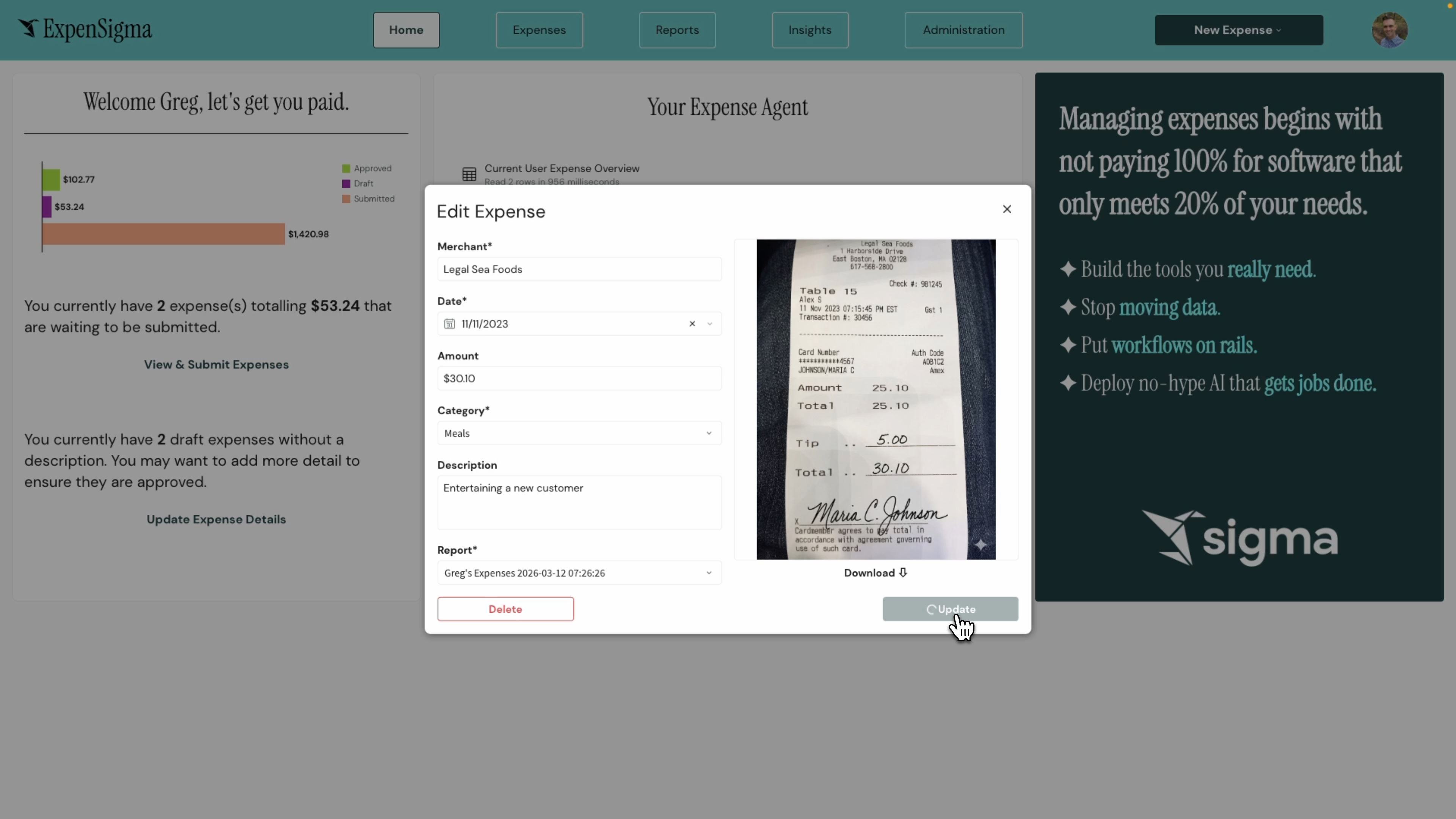 Receipt file upload in Sigma with AI-powered data extraction