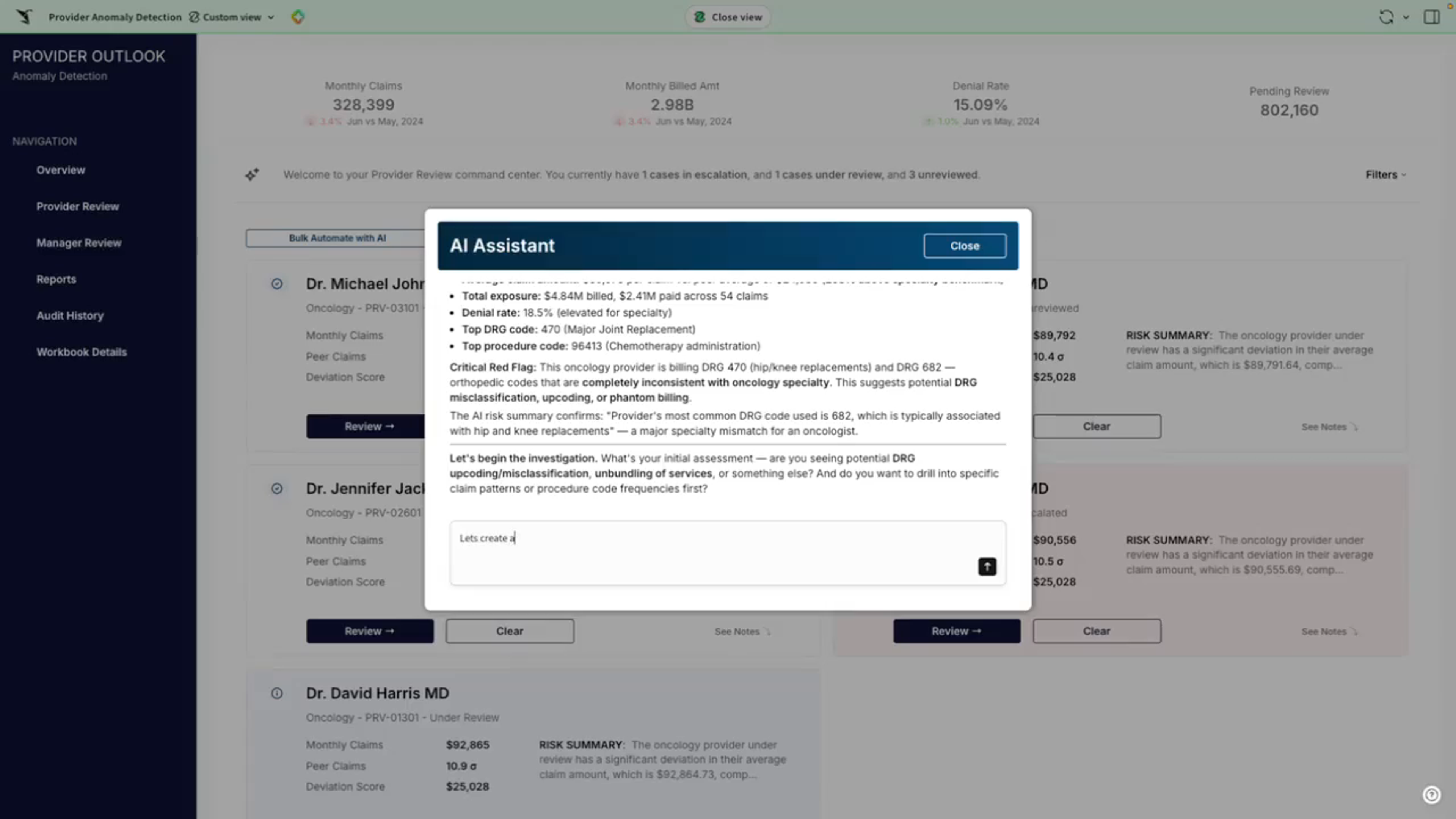 AI assistant summarizing a flagged oncology provider's DRG-upcoding risk inside the workbook