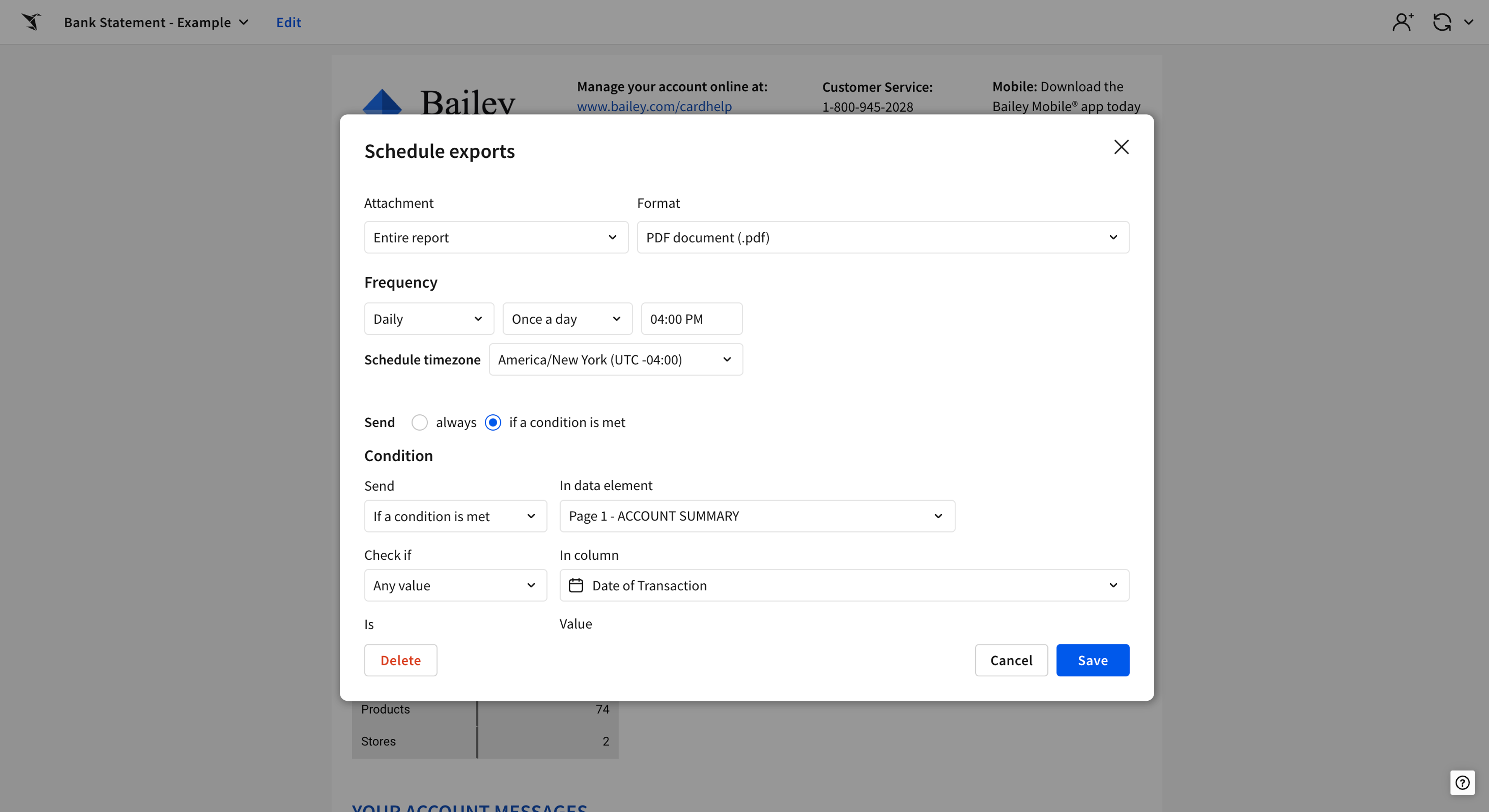 Schedule export settings showing a conditional send based on a data element value, with a daily frequency and timezone set