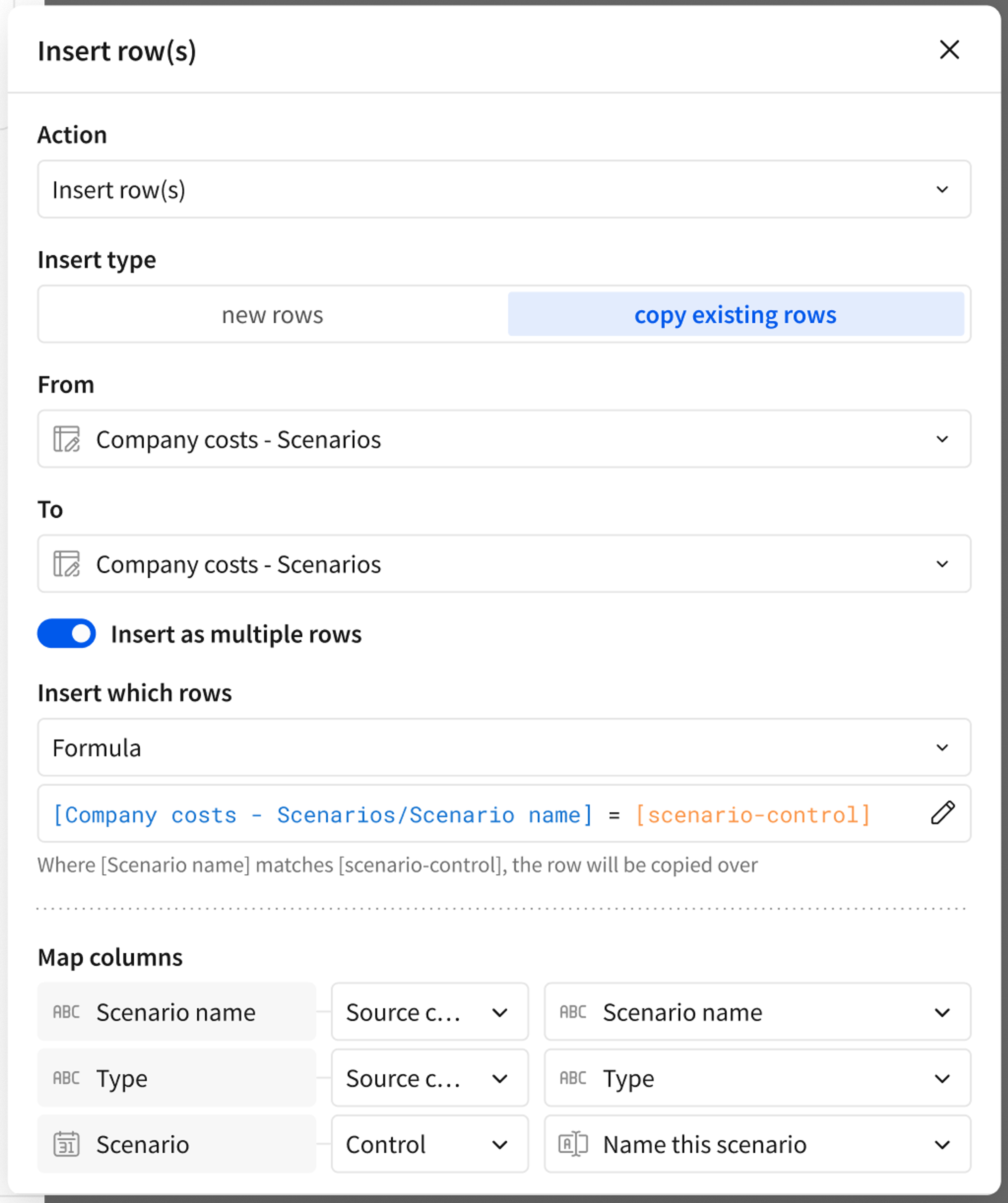 The bulk insert action configured to copy rows from one Input Table (Scenario A) into a new Input Table (Scenario B)