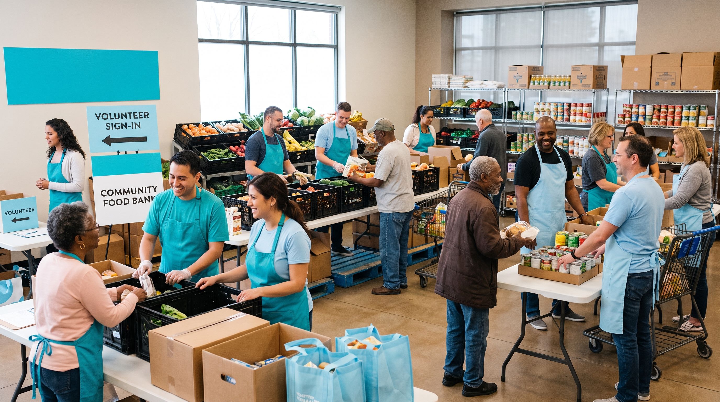 Volunteers in teal aprons sort fresh produce and canned goods at a community food bank