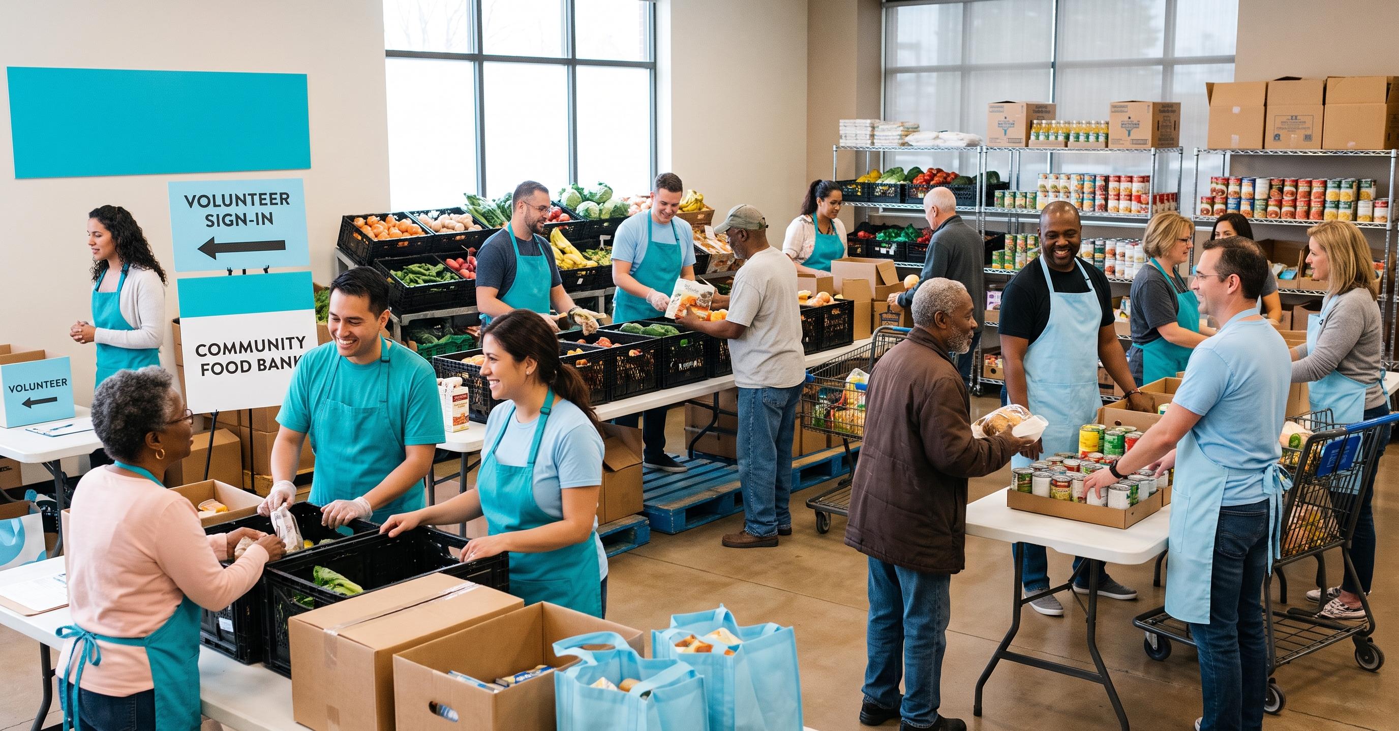 Volunteers in teal aprons sort fresh produce and canned goods at a community food bank