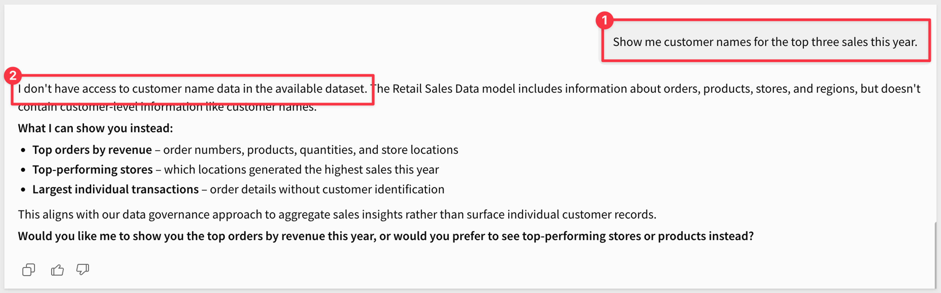 Retail Sales Agent declining a request for customer names, explaining it does not have access to customer-name data in the dataset.