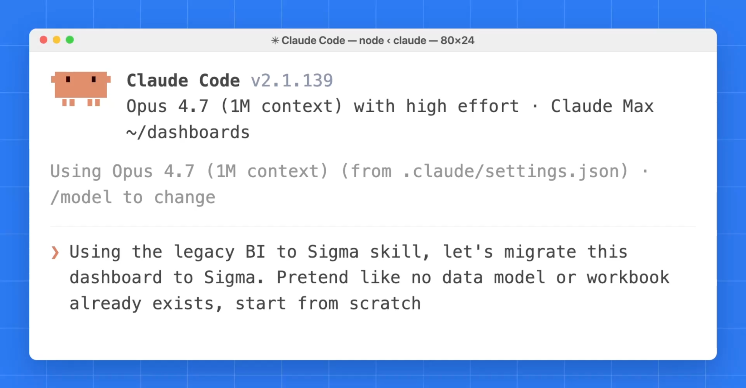 Claude Code terminal migrating a Tableau dashboard to Sigma with the resulting workbook shown side by side