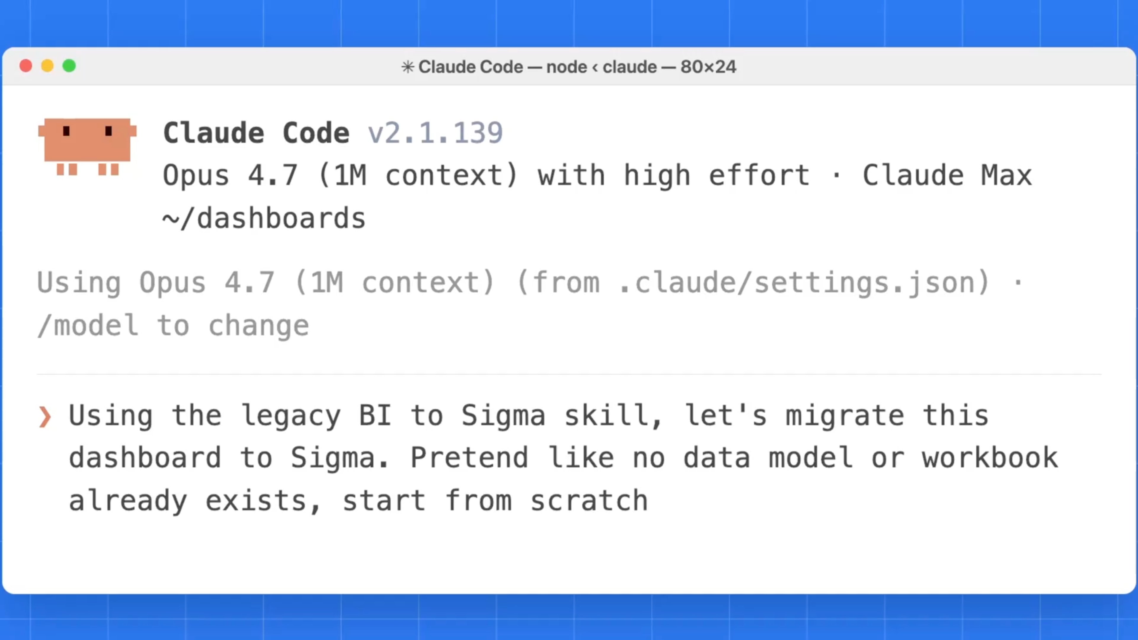 Claude Code terminal migrating a Tableau dashboard to Sigma with the resulting workbook shown side by side