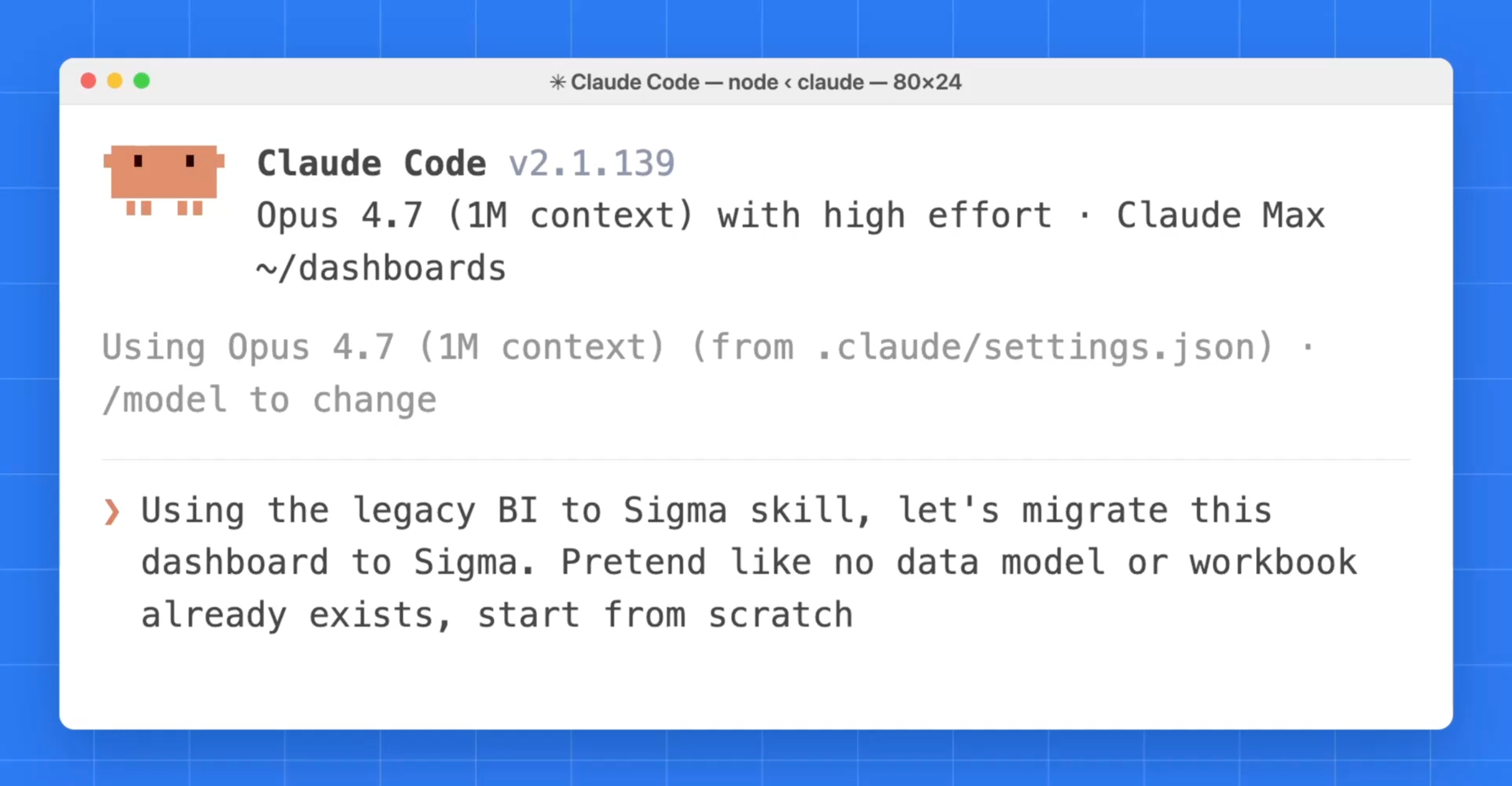 Claude Code terminal migrating a Tableau dashboard to Sigma with the resulting workbook shown side by side