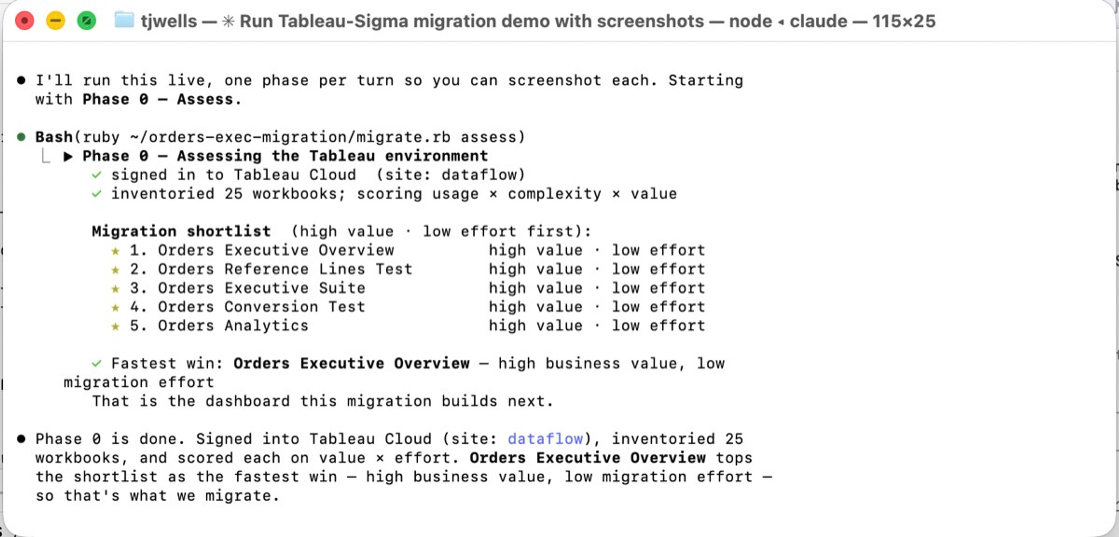 Phase 0 assessment output showing a ranked shortlist of Tableau workbooks by migration priority