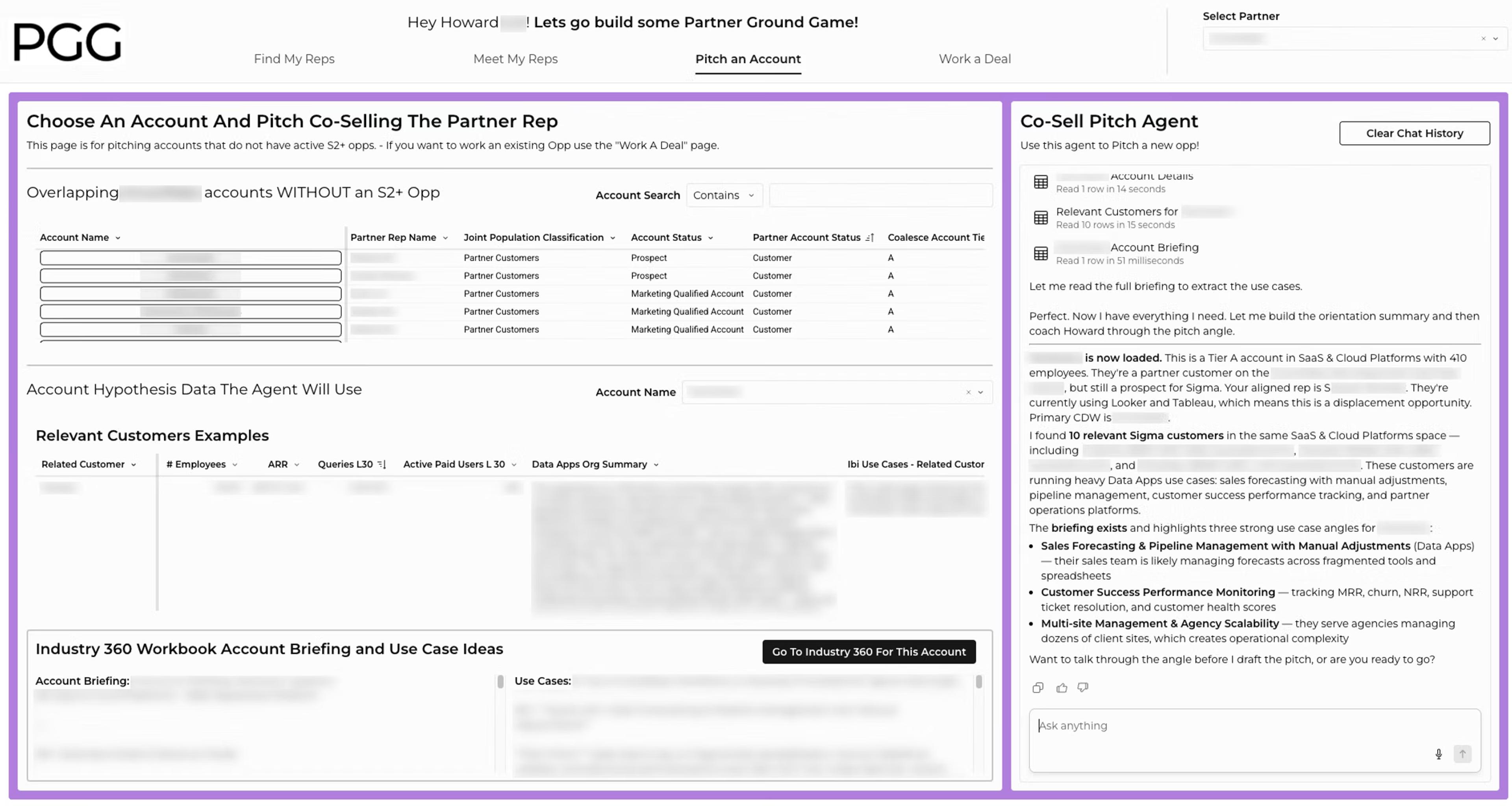 The Pitch an Account page, where the Co-Sell Pitch Agent builds a data-driven pitch from customer proof points and an account briefing.