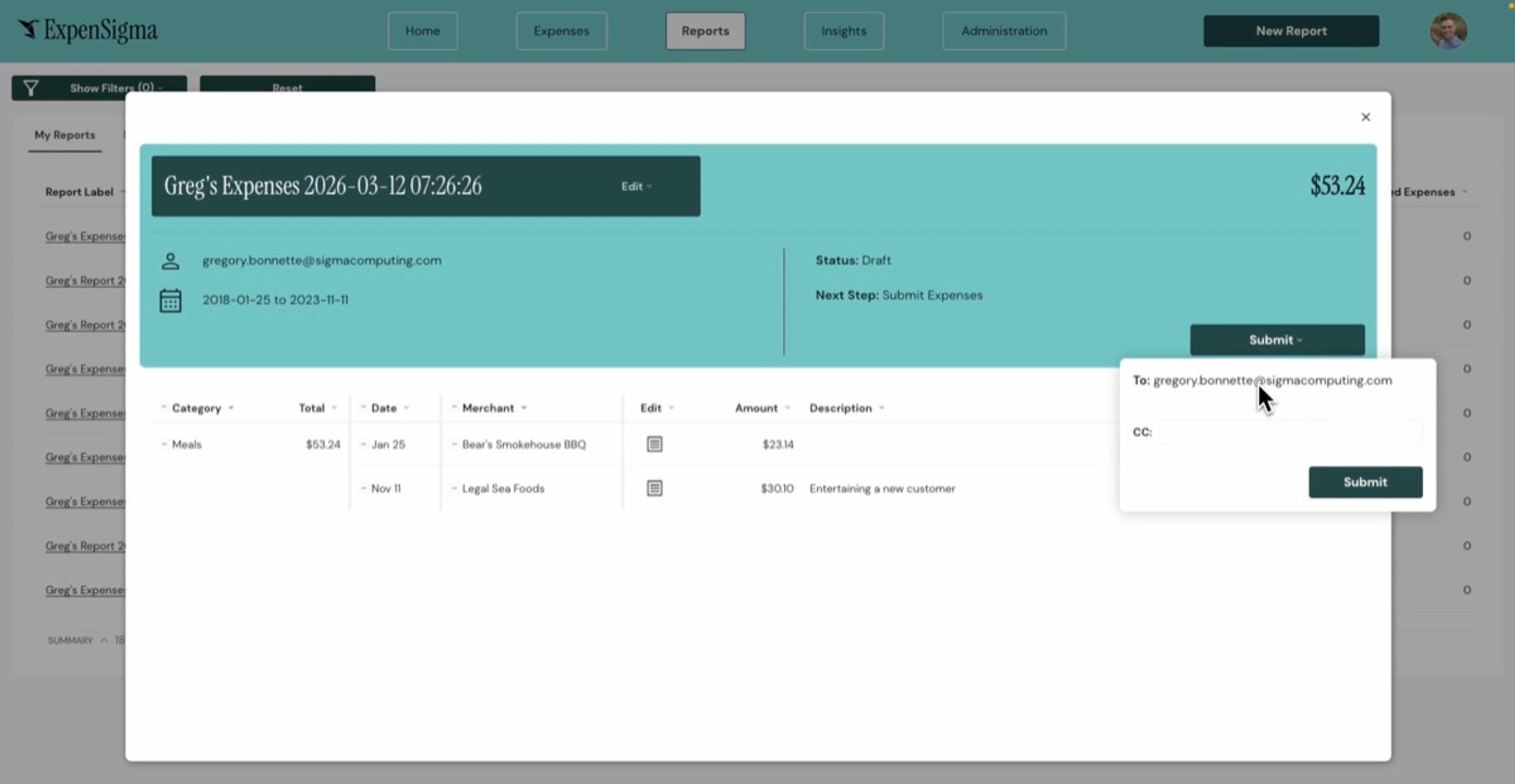 Expense report view in ExpenSigma showing submitted receipts