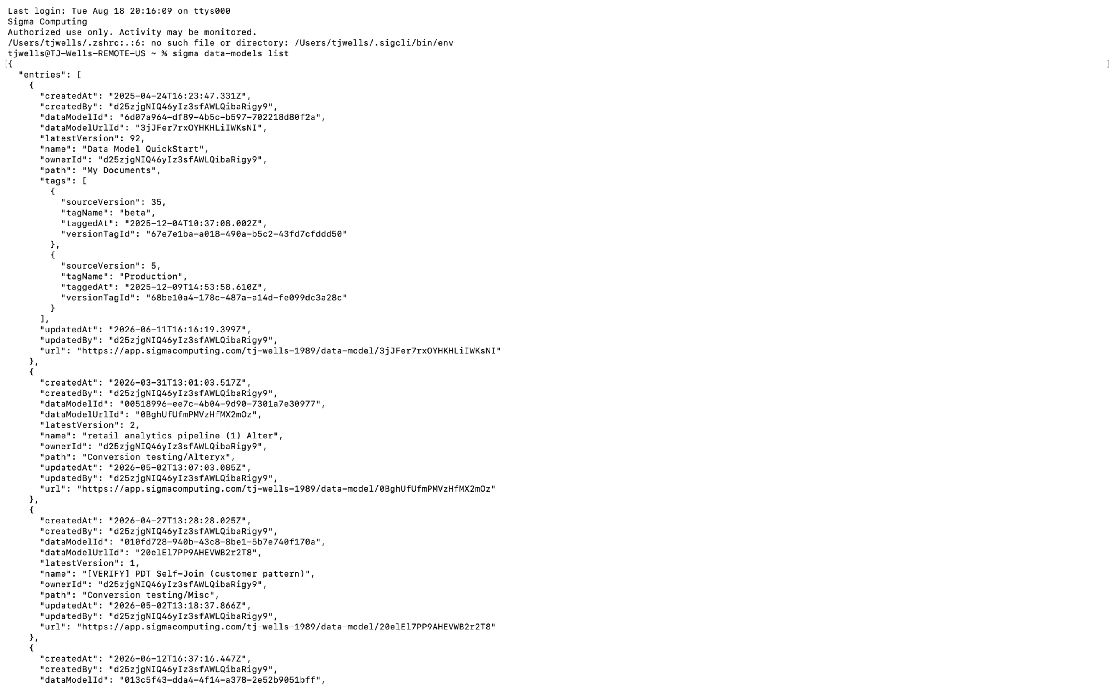 Terminal output listing Sigma data models using the Sigma CLI