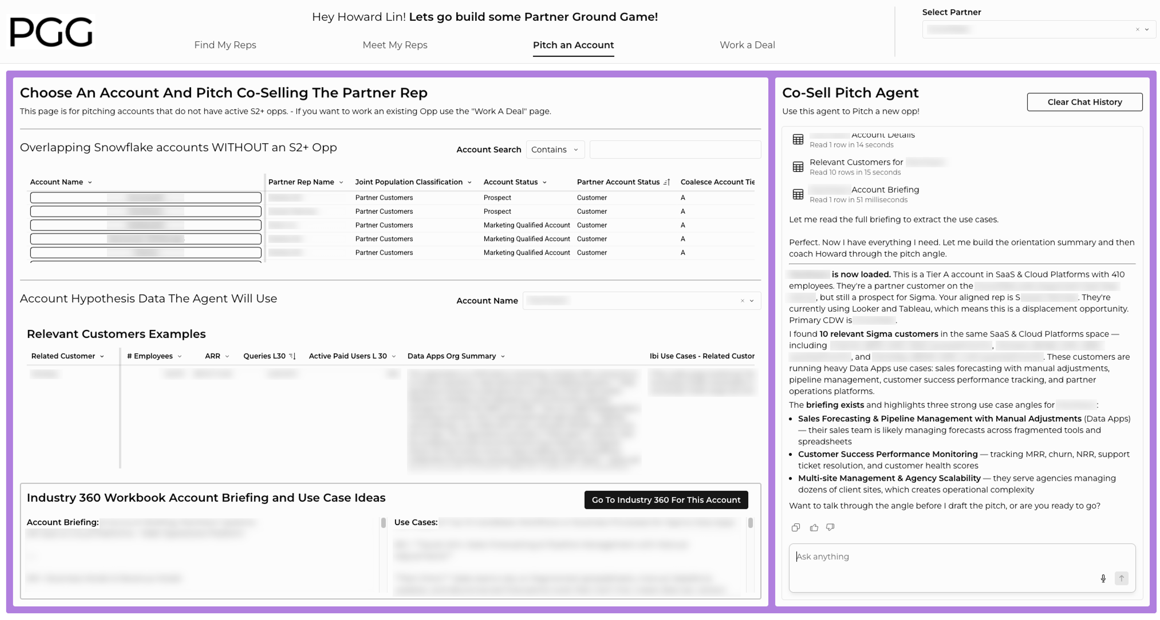 The Pitch an Account page, where the Co-Sell Pitch Agent builds a data-driven pitch from customer proof points and an account briefing.