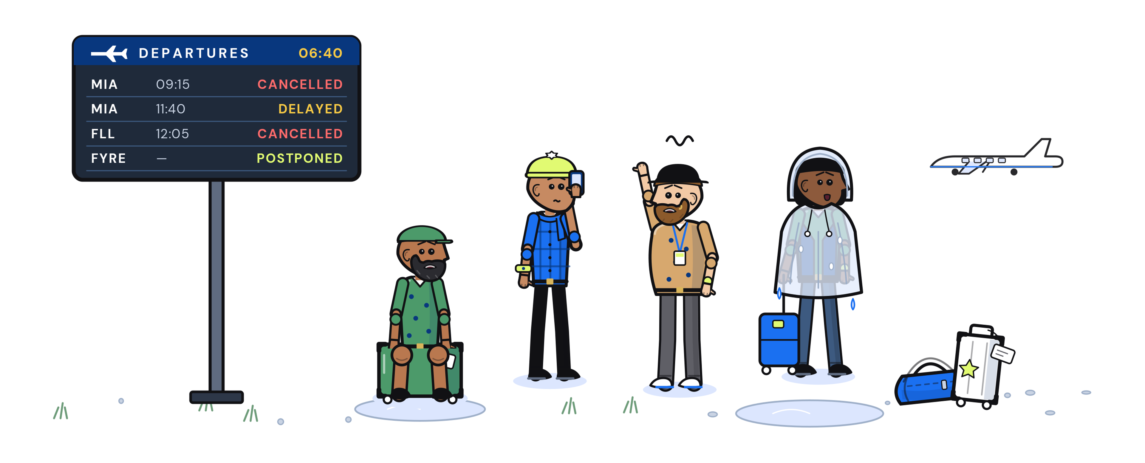 Illustration of stranded guests with their luggage under a departures board showing cancelled and delayed flights