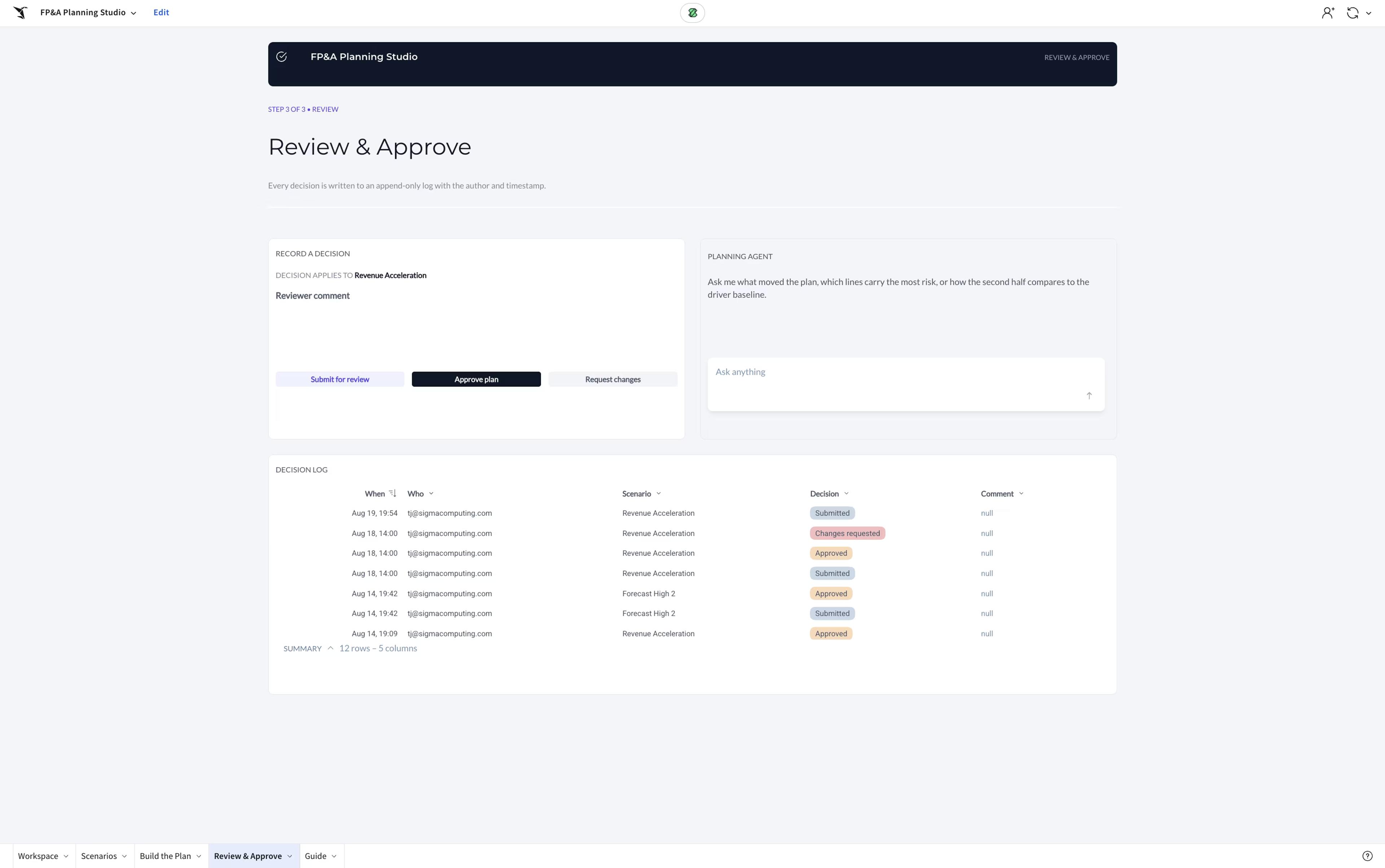 The FP&A Planning Studio Review & Approve page with an approval decision log, approve and request changes buttons, and a planning agent panel