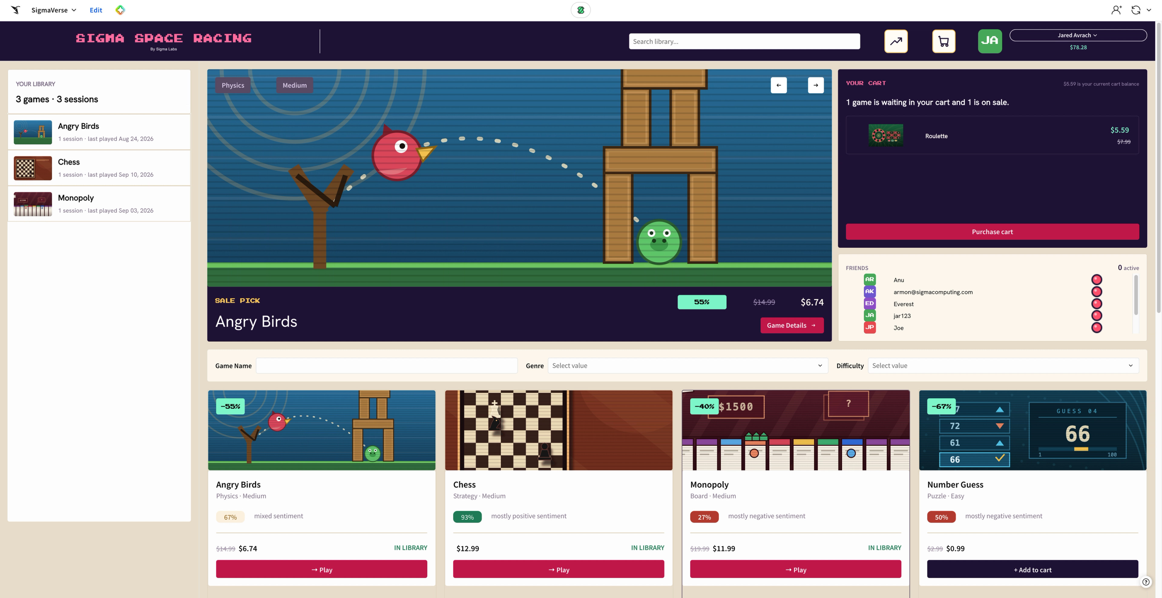 The SigmaVerse storefront homepage showing a library of browsable games with genre tags, sale pricing, and a shopping cart