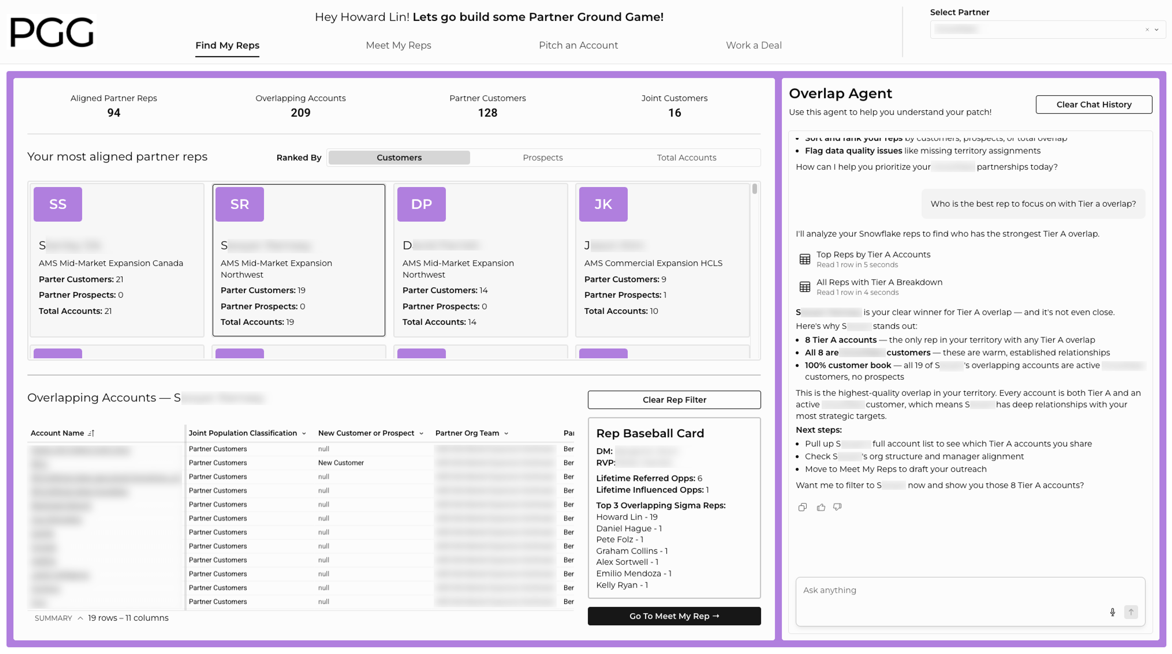 The Find My Reps page of the Partner Ground Game workbook, where the Overlap Agent ranks partner reps by Tier A account overlap.