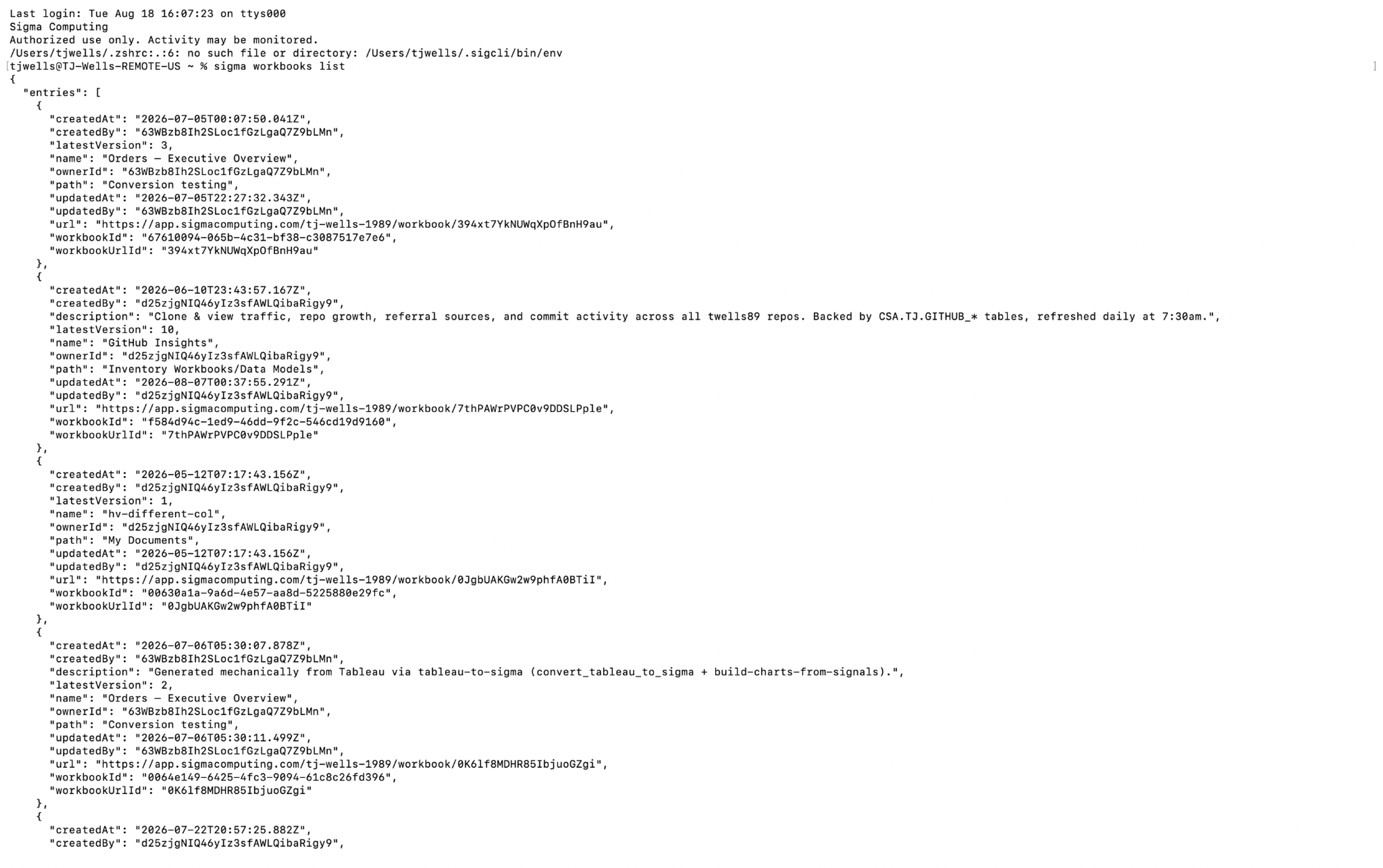 Terminal output listing Sigma workbooks using the Sigma CLI