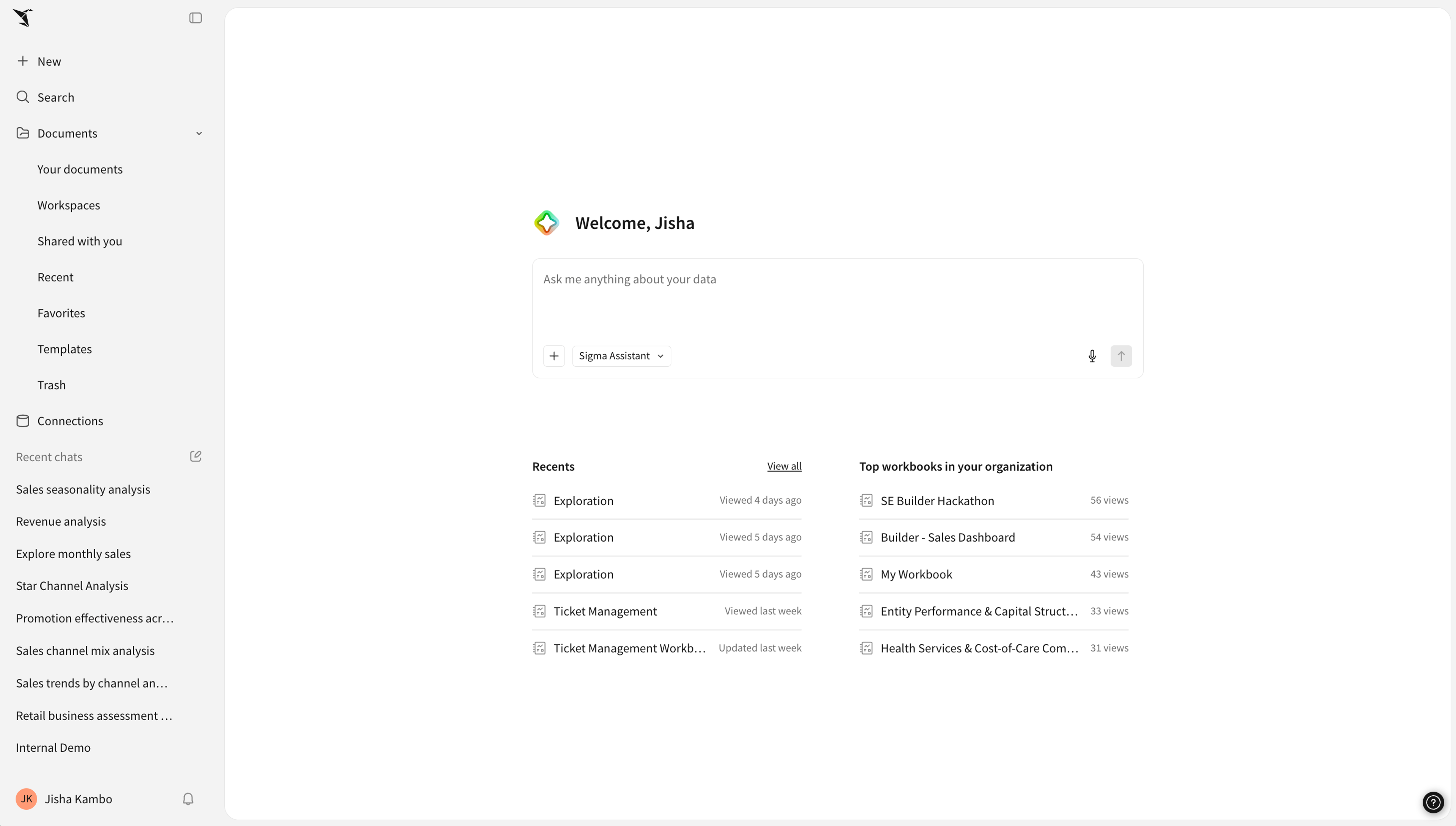 Redesigned Sigma home page with the Sigma Assistant prompt box front and center above recents and top workbooks in the organization