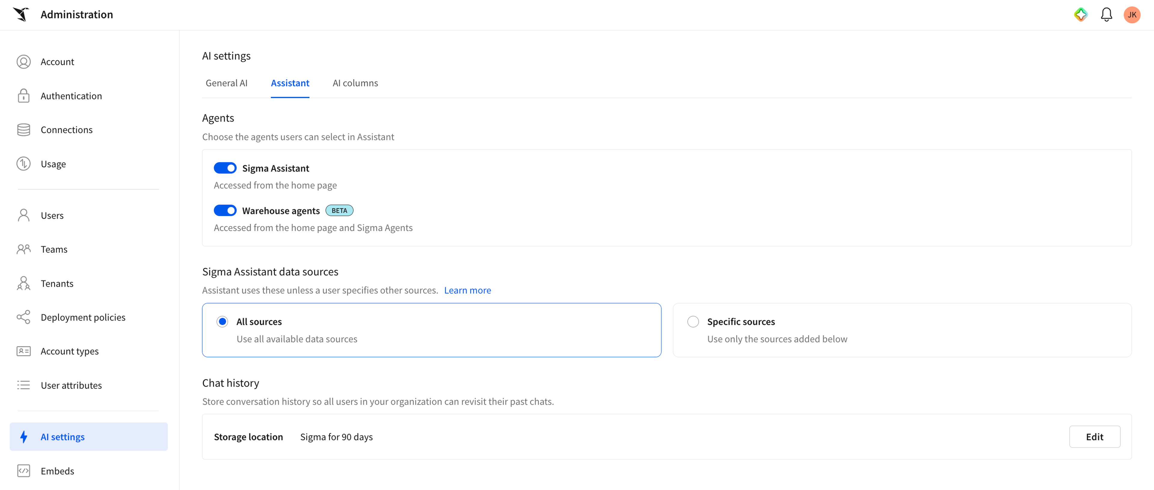 Sigma Administration AI settings showing Assistant data sources set to All sources, with Sigma Assistant and Warehouse agents enabled