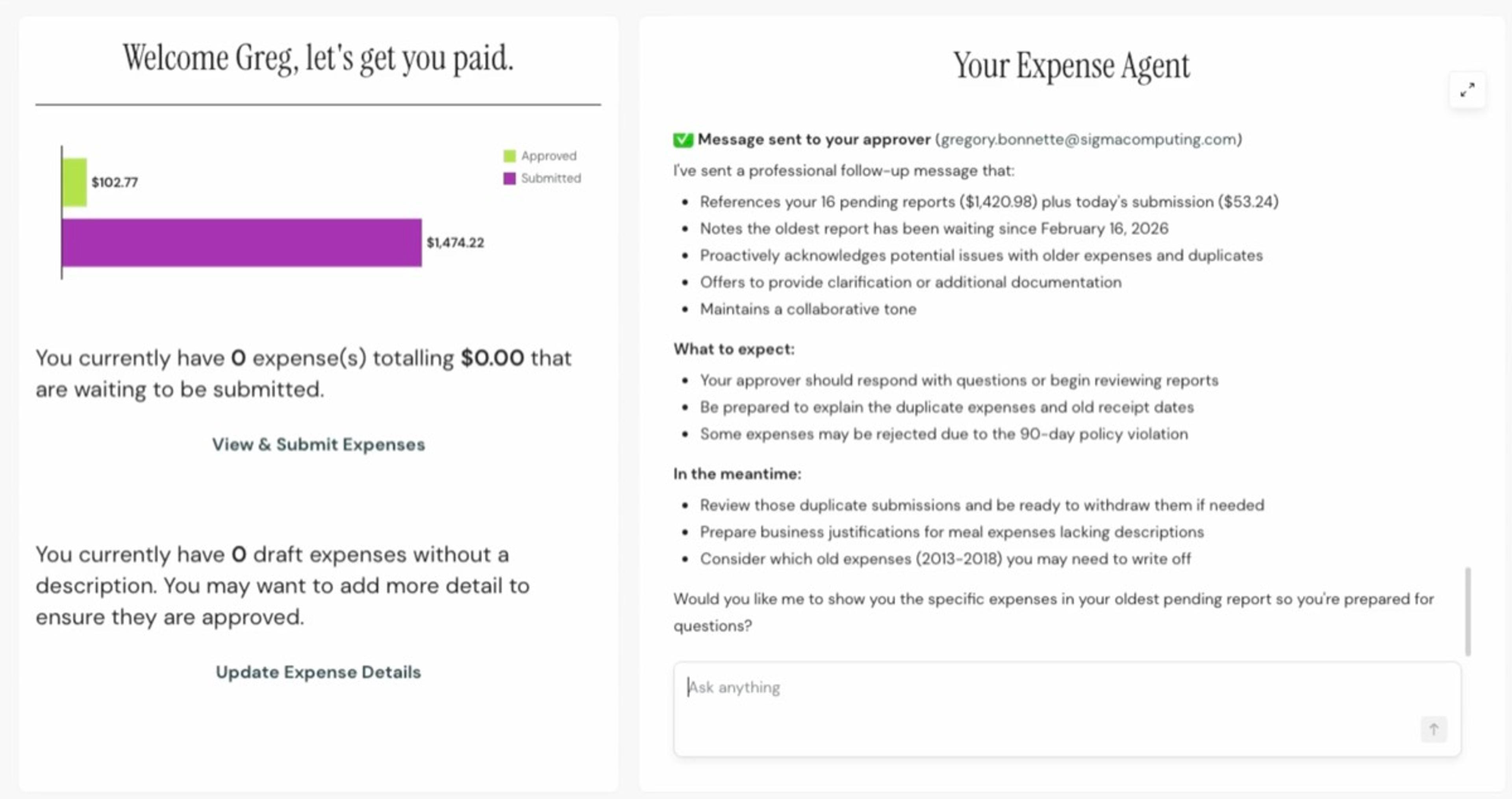 Sigma AI Agent embedded in ExpenSigma for conversational expense management