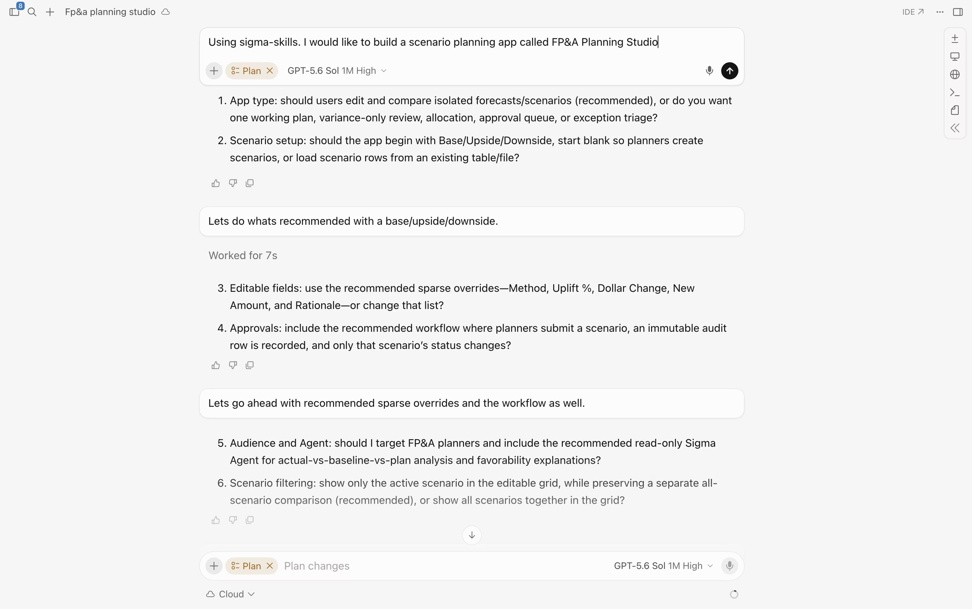 Cursor chat showing the Sigma Skill asking about app type, scenario setup, editable fields, and approvals before drafting a build plan