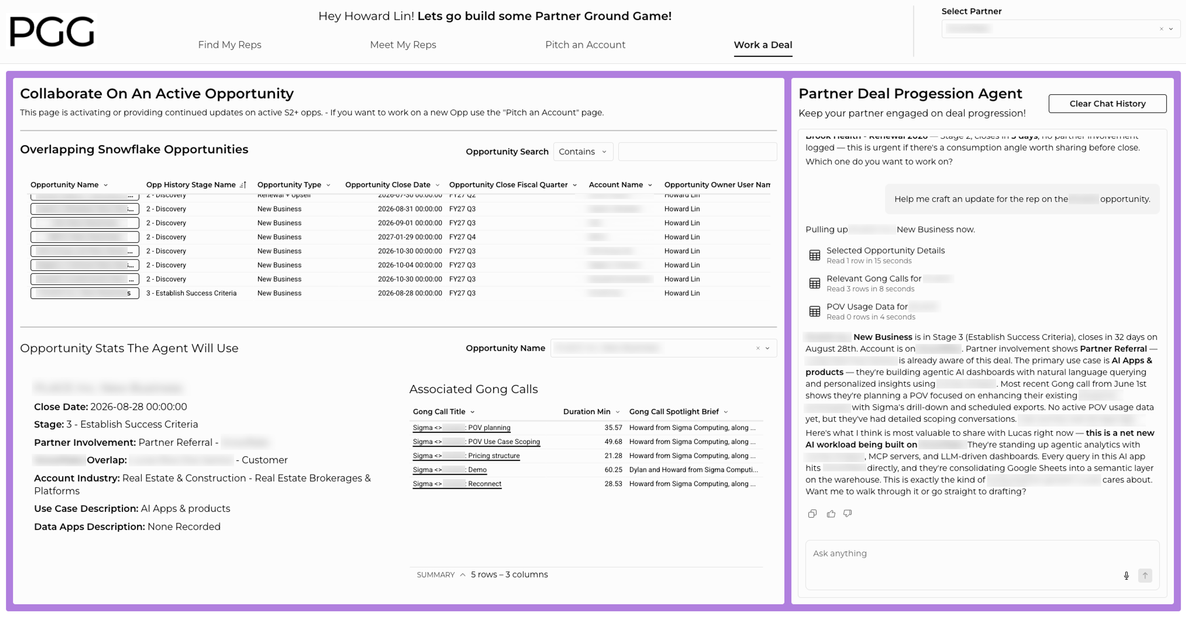 The Work a Deal page, where the Partner Deal Progression Agent drafts an update on an active opportunity using Gong calls and POV usage data.