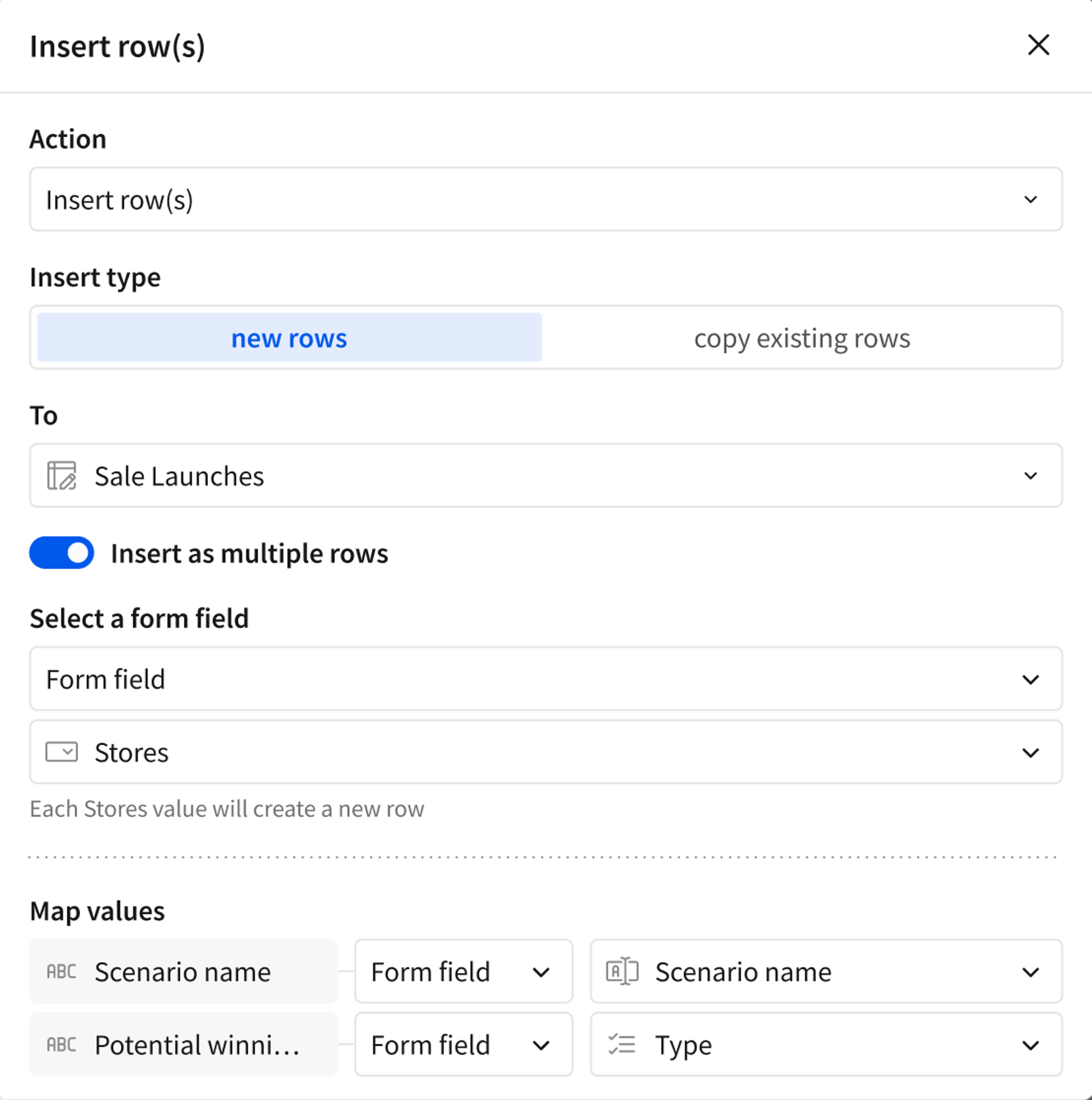 Upload: a multi-select form element generating multiple rows in an Input Table from one submission
