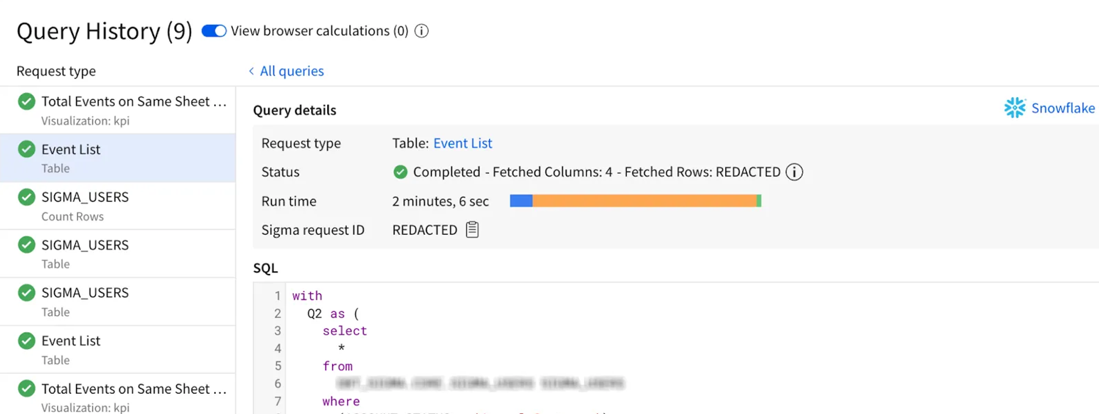 Query history in Sigma showing automatic SQL generation and execution against a 14-billion-row Snowflake dataset.