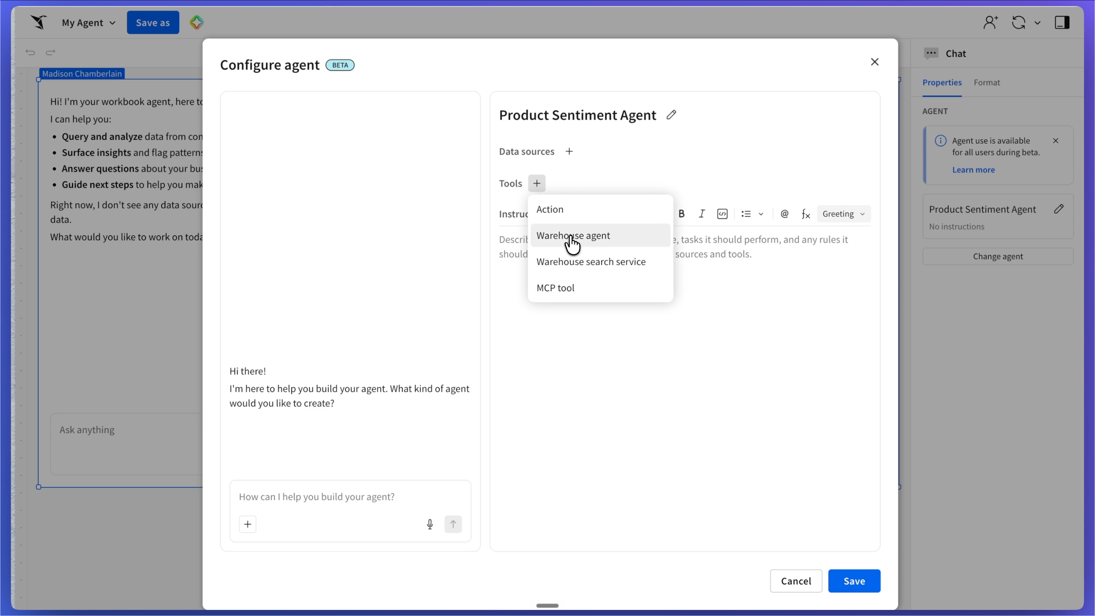 Sigma agent Tools menu showing Action, Warehouse agent, Warehouse search service, and MCP tool options.