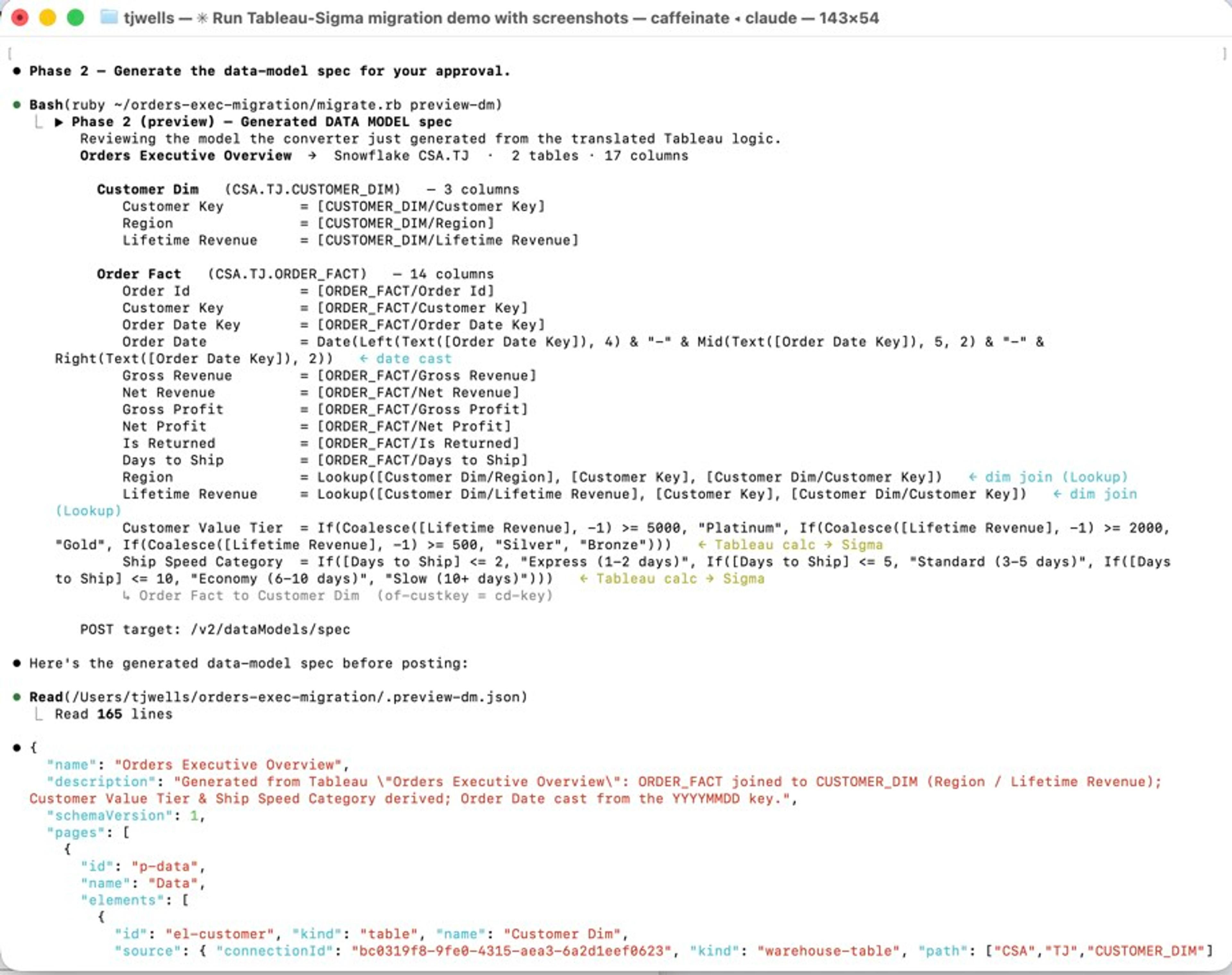 Phase 2 data model spec preview showing tables, relationships, and translated calculated fields