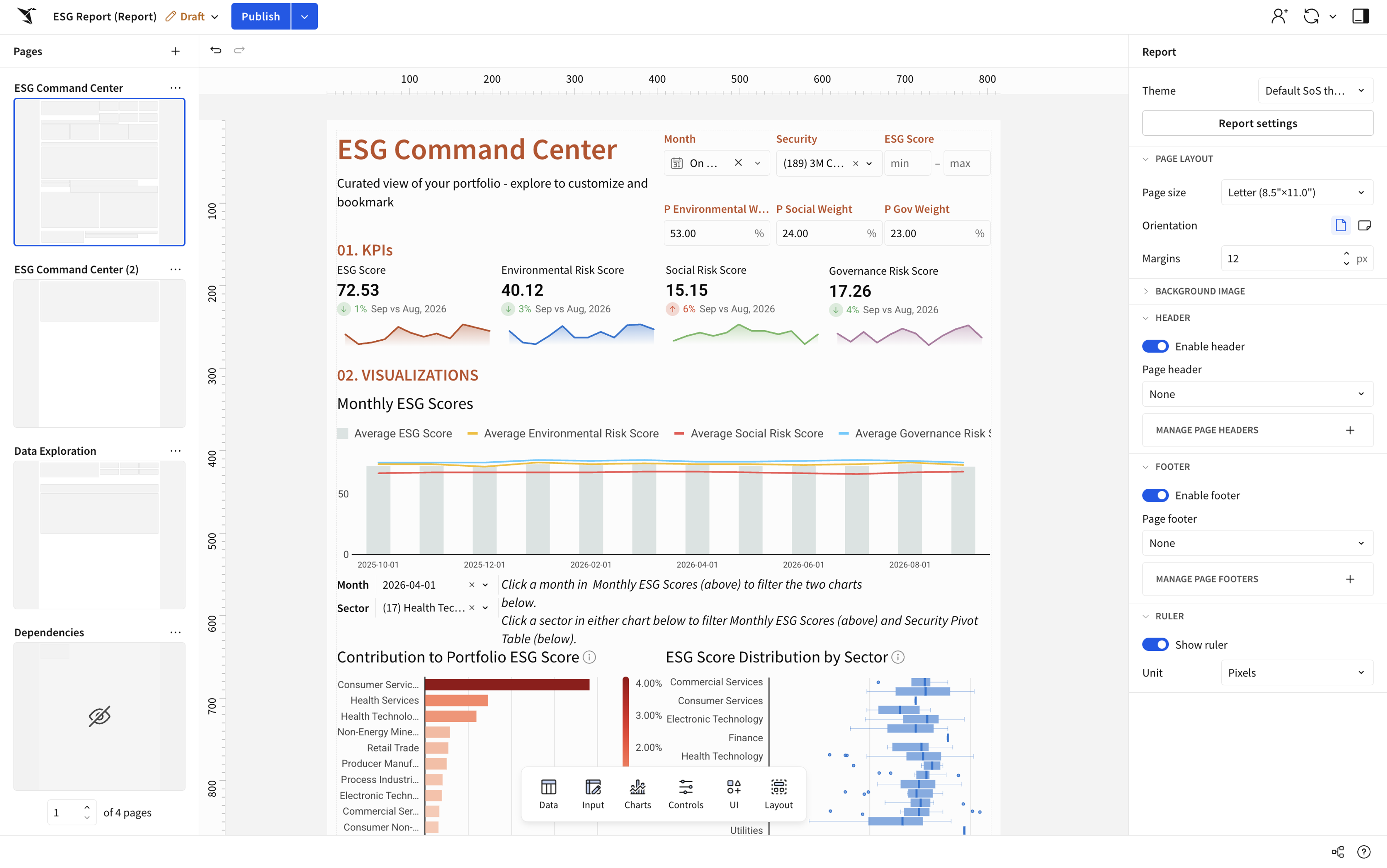 The converted report open in Sigma's report editor with the page layout and header settings panel visible