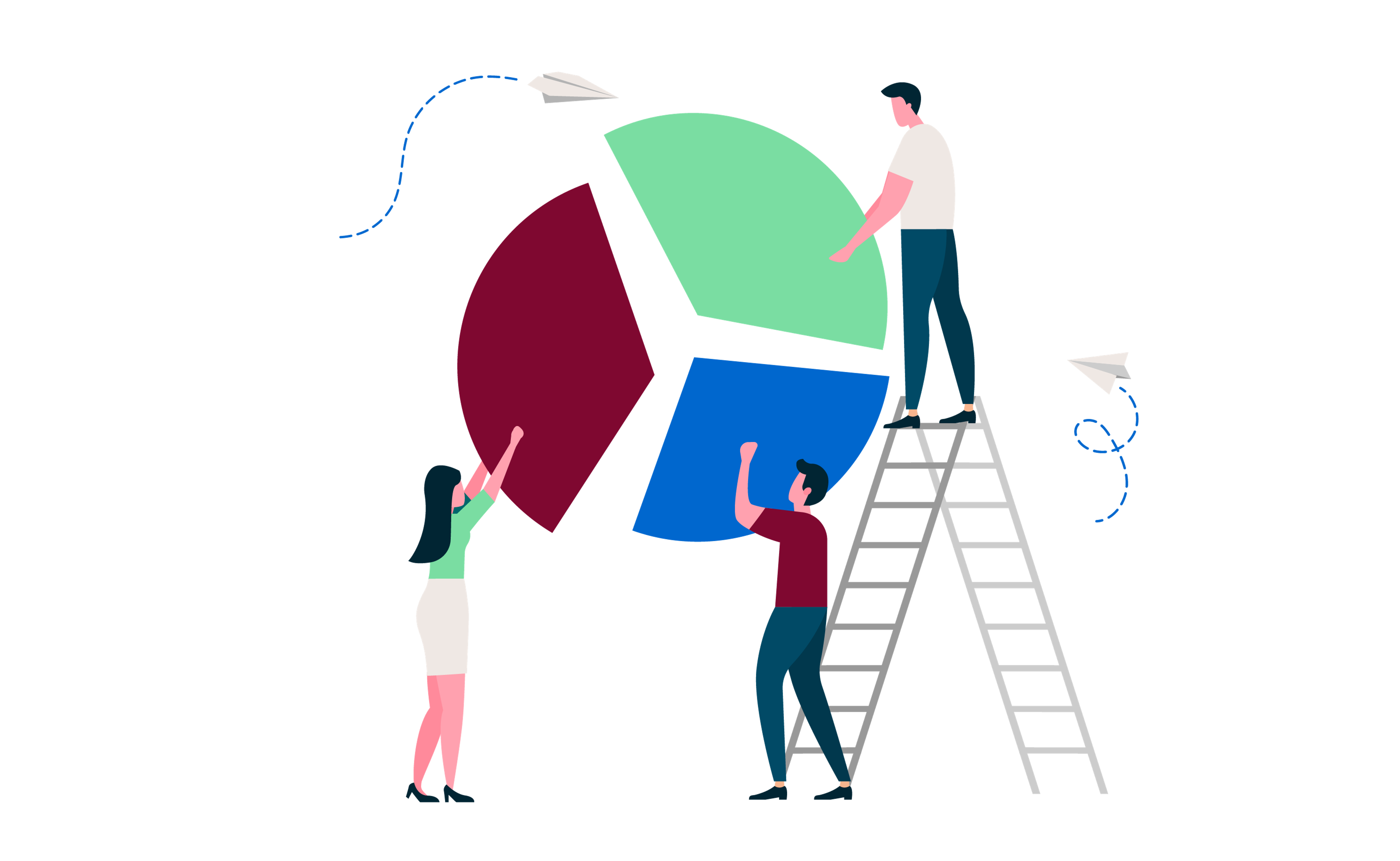 A group of people working together to create a pie chart.