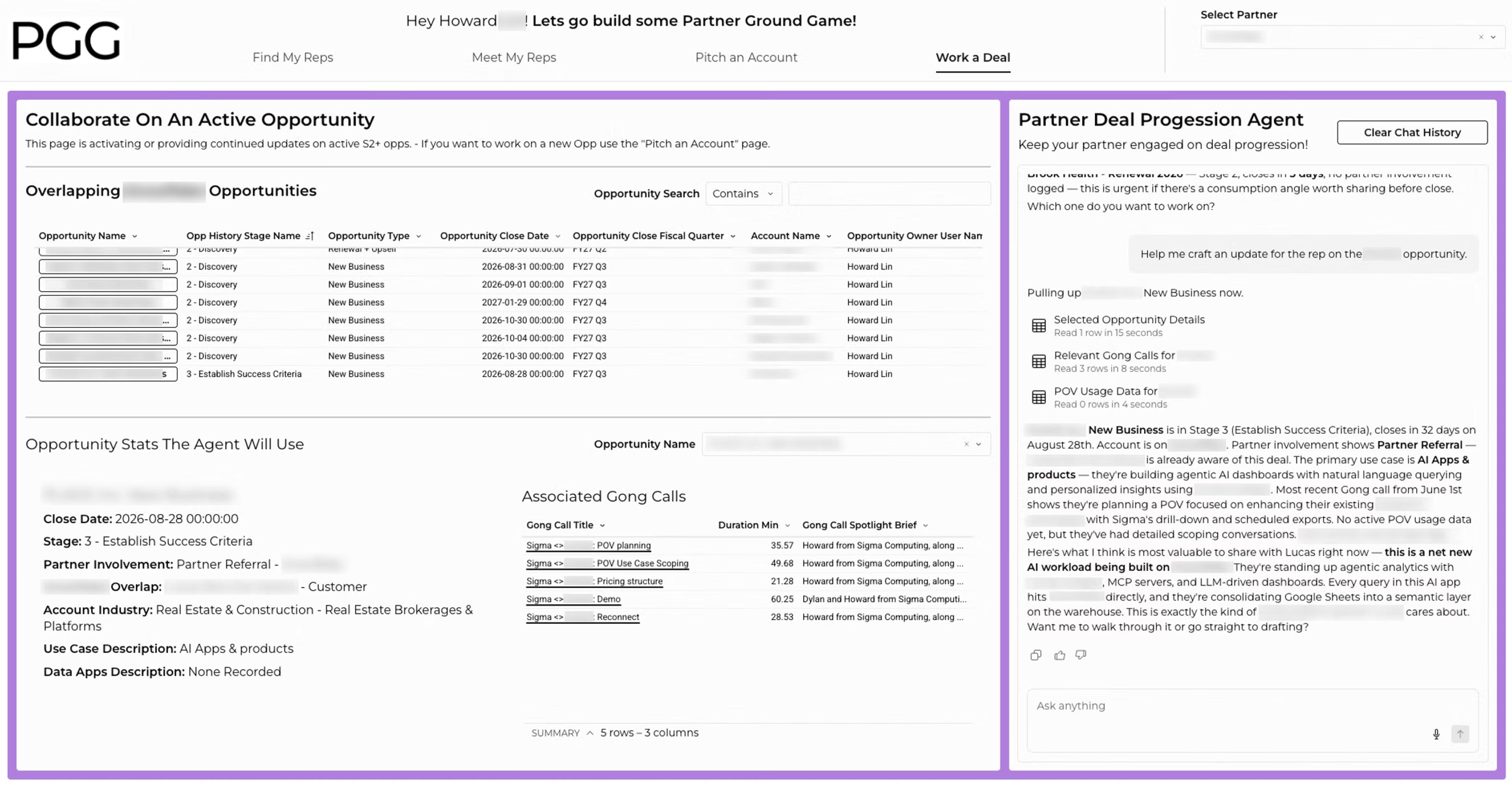 The Work a Deal page, where the Partner Deal Progression Agent drafts an update on an active opportunity using Gong calls and POV usage data.