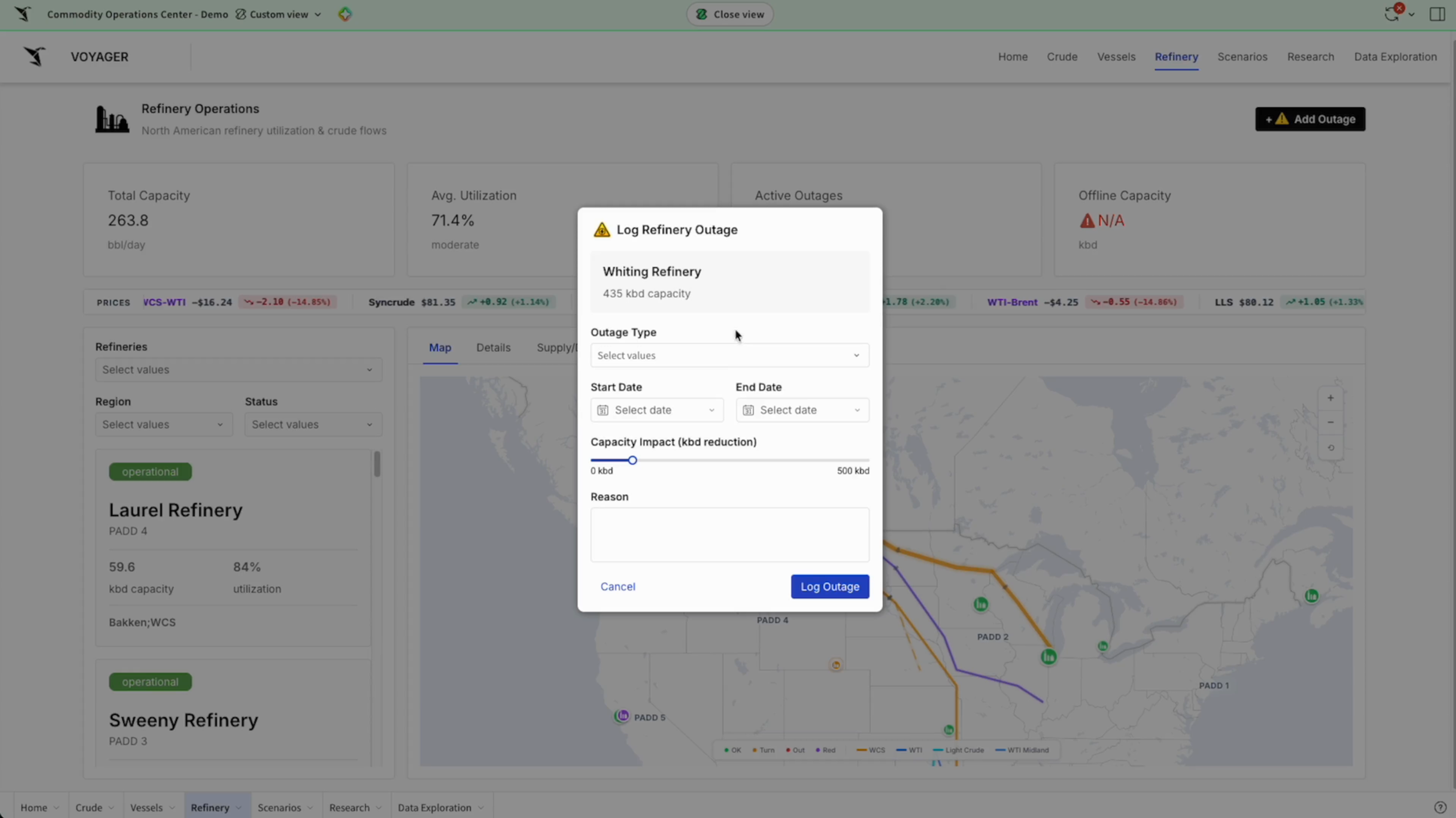 A trader logging a refinery outage with type, dates, and capacity impact that writes back to the warehouse