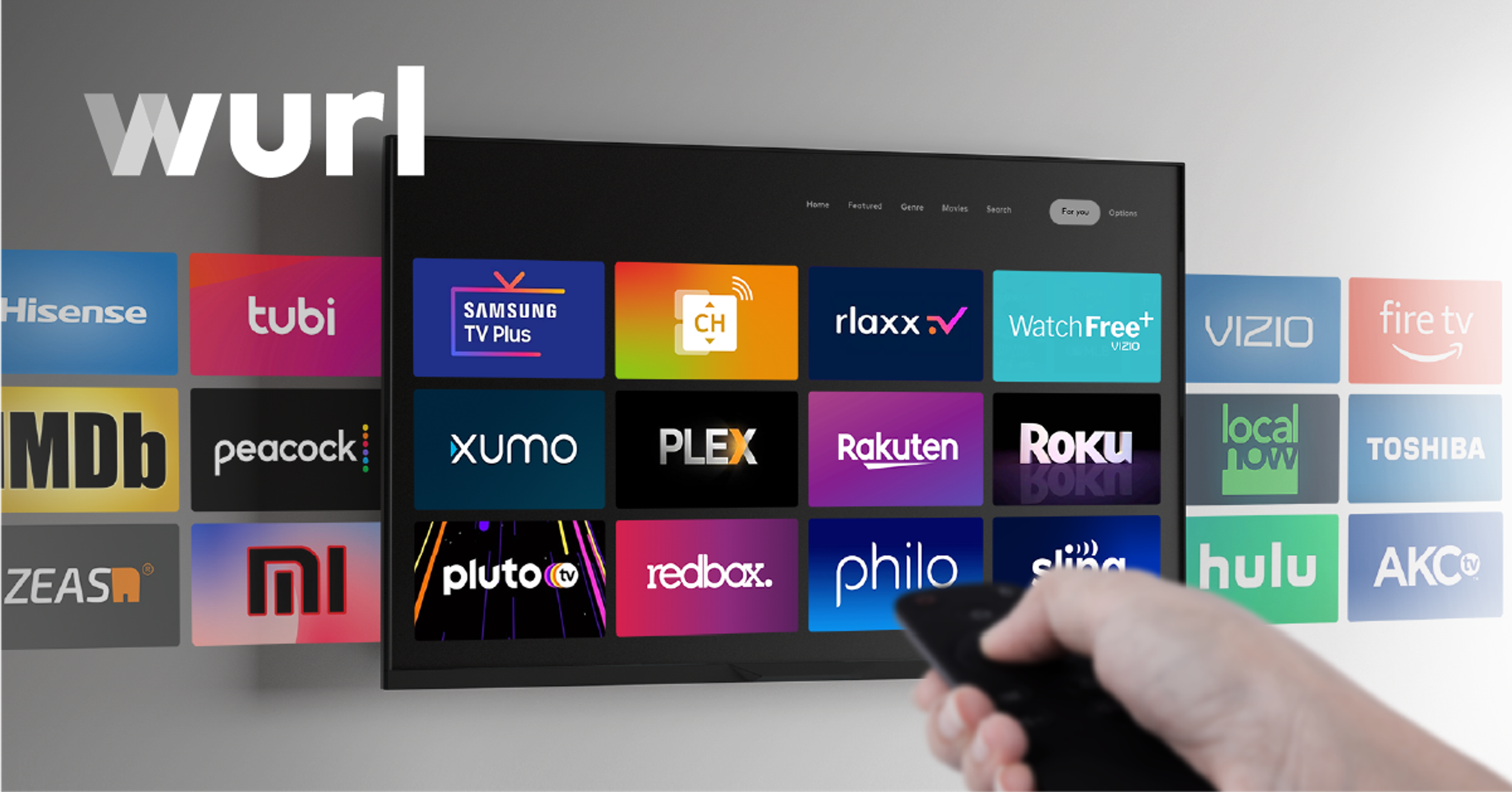 A person holding a remote control pointing at a screen with a variety of icons.