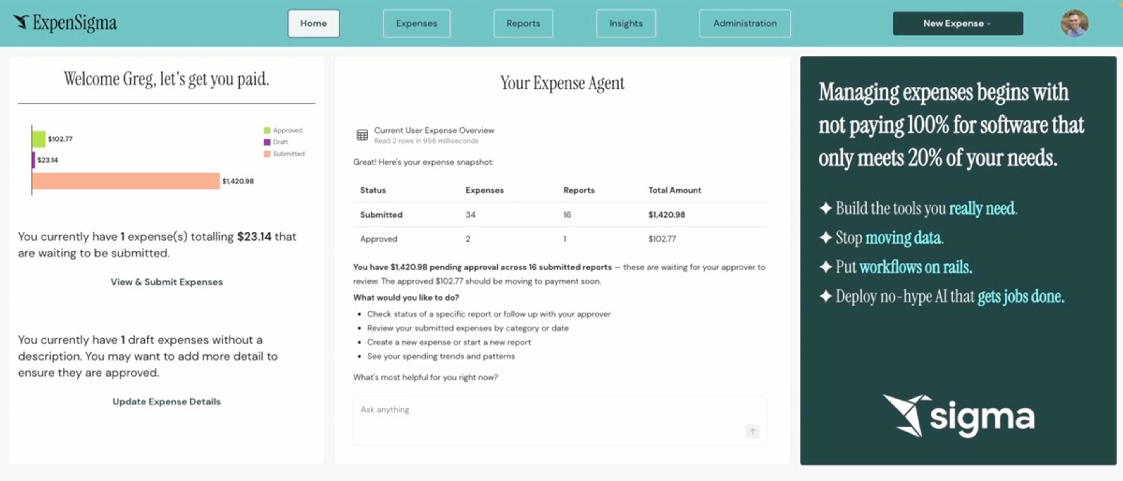 ExpenSigma home screen: the expense management app built in Sigma