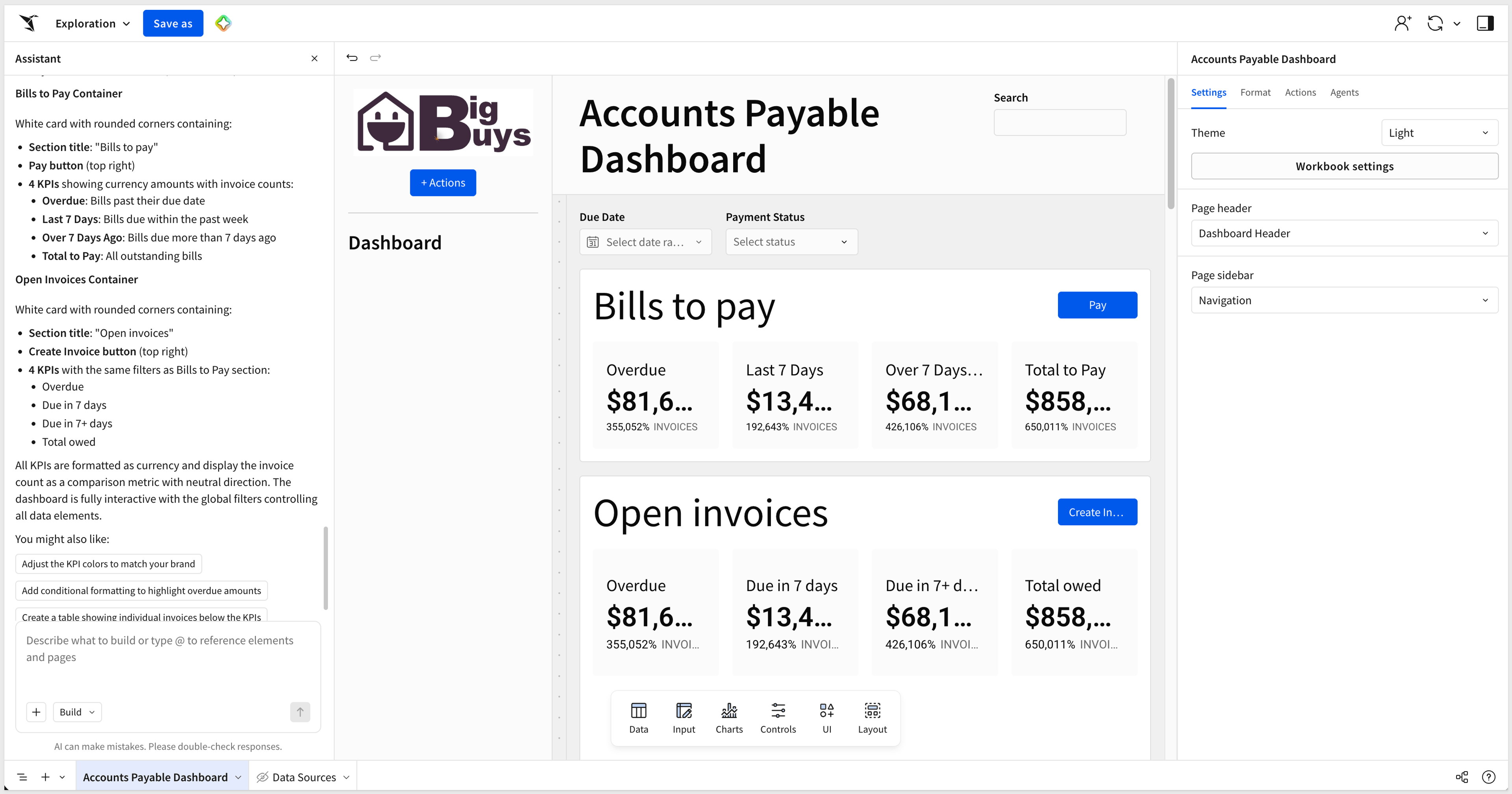 Big Buys account payable dashboard example