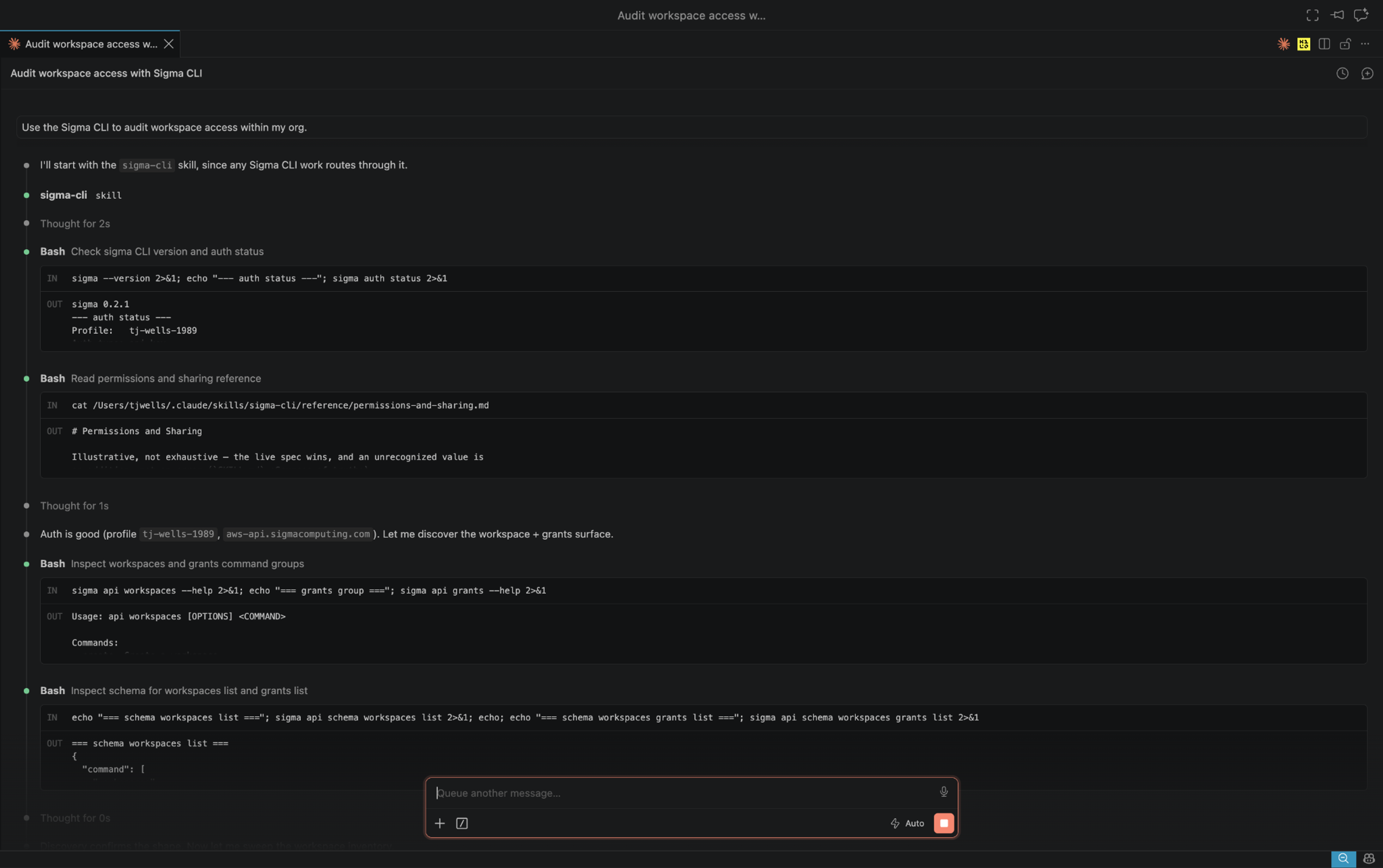 Claude Code terminal session using the Sigma CLI to audit workspace access