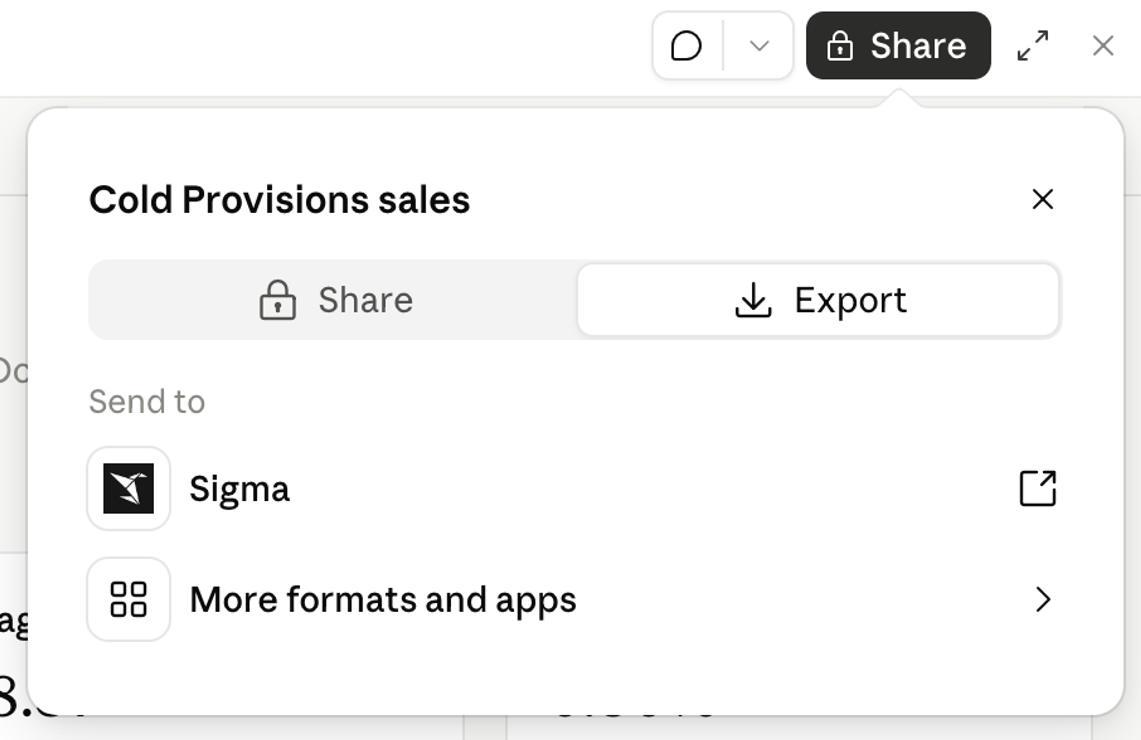 The Share menu on a Claude dashboard, with a "Send to" section listing Sigma